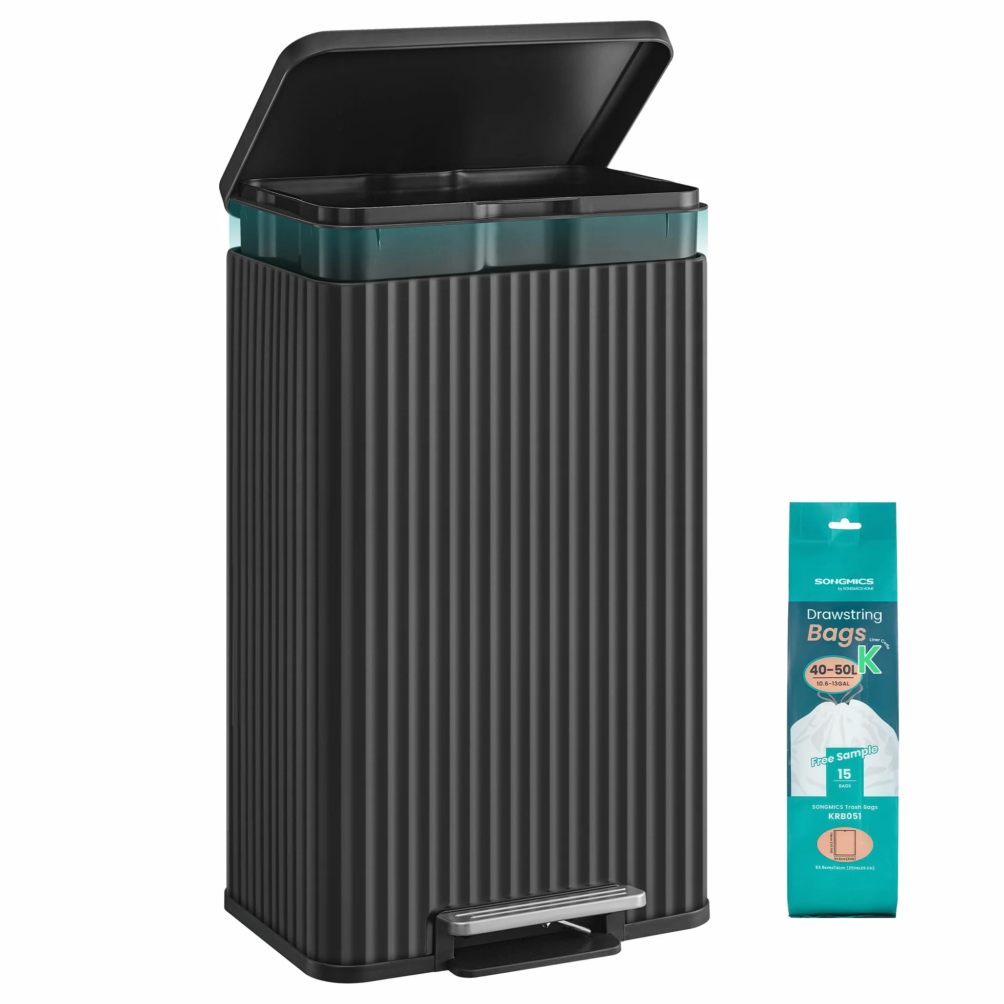 SONGMICS Poubelle de Cuisine 50 L Acier Pédale Couvercle Fermeture Douce Noir d’Encre LTB586BZ02