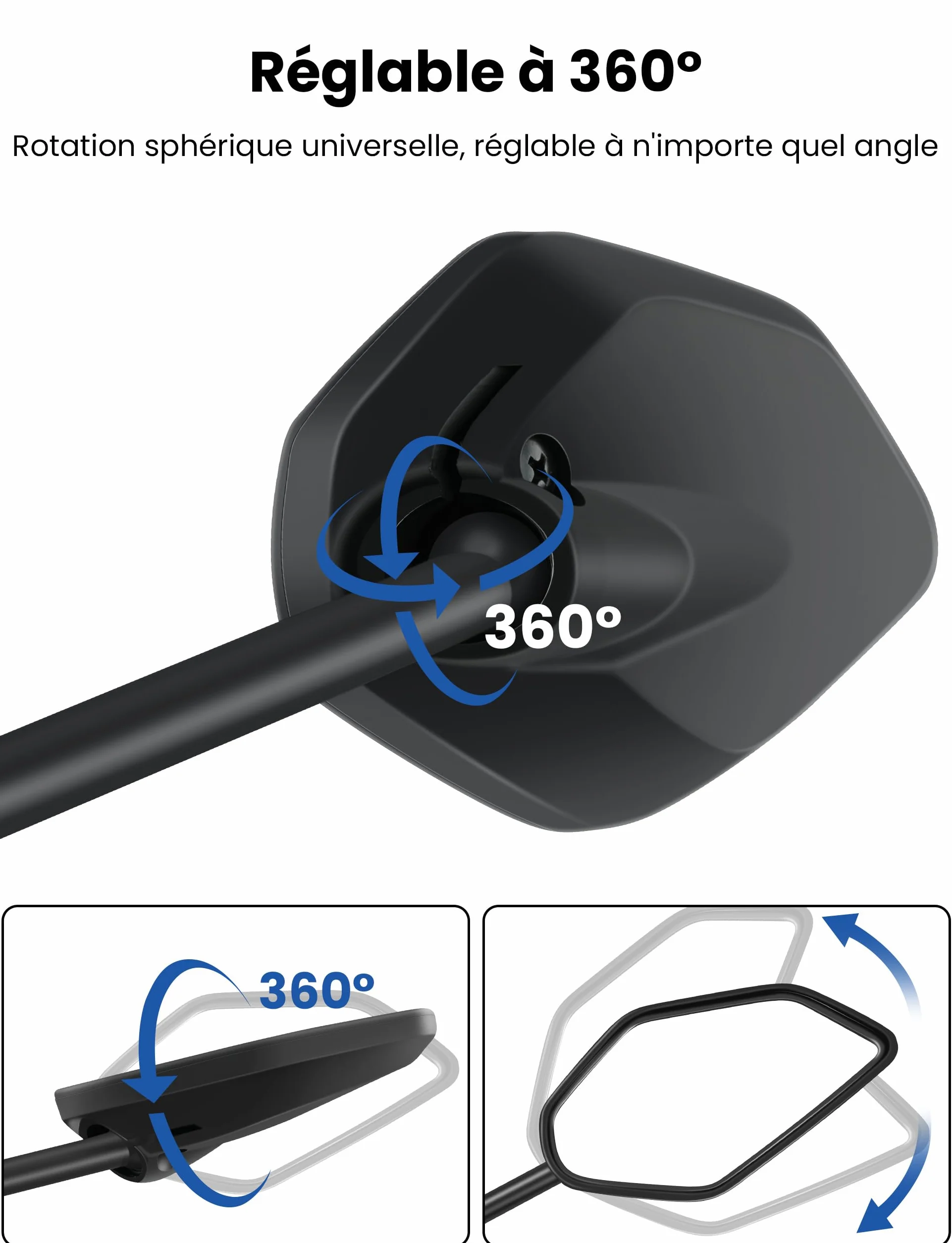 Rétroviseur de Vélo pour Vélo Électrique Gauche HD Rotatif à 360° et Pliable, Surface de Miroir Extra Large, Verre Véritable Résistant aux Chocs