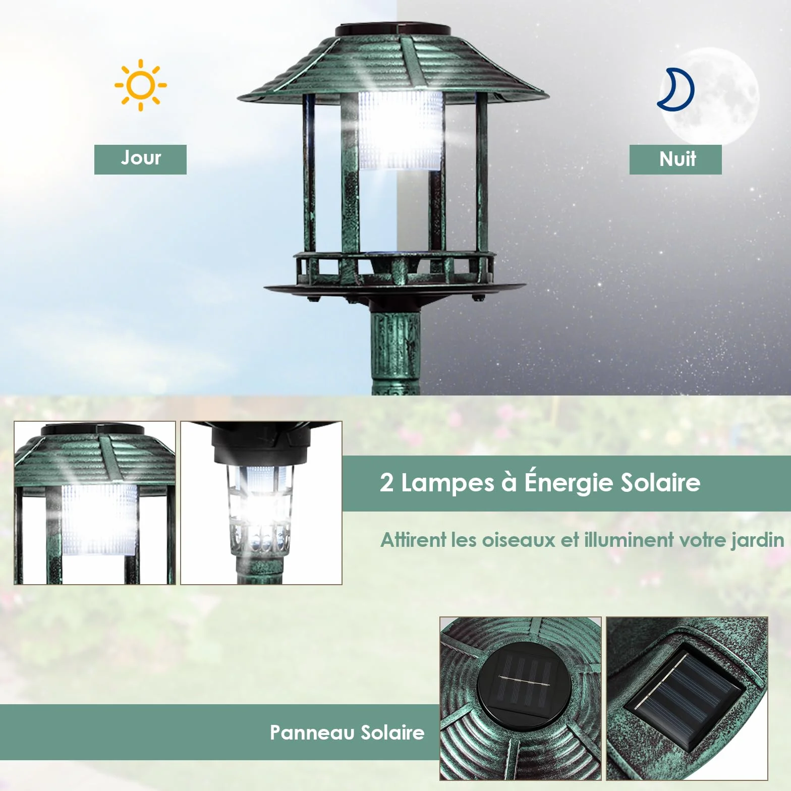 GOPLUS Mangeoire Oiseaux Extérieur Solaire, Bain d'oiseaux sur Pied avec 2 Lampes Solaire, 43x110cm, Vert