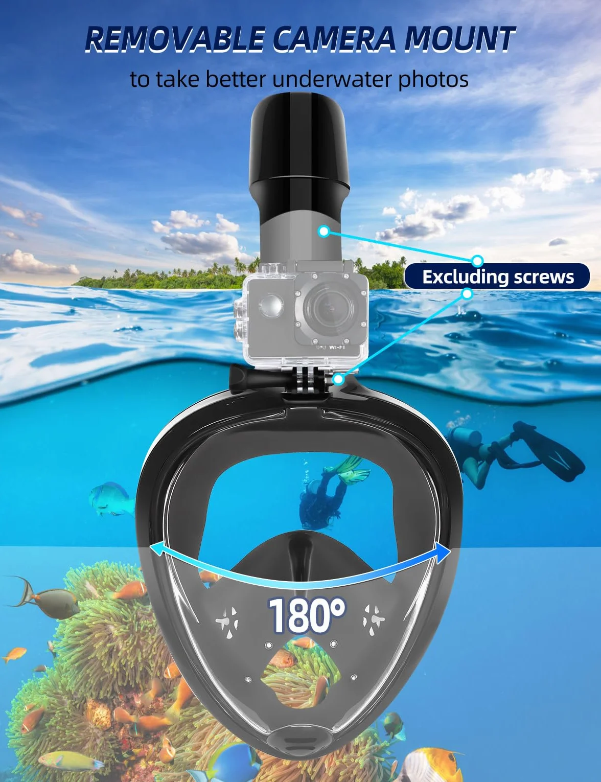 Masque de Plongée Intégral Anti-Buée Vue Panoramique 180° avec Support Caméra