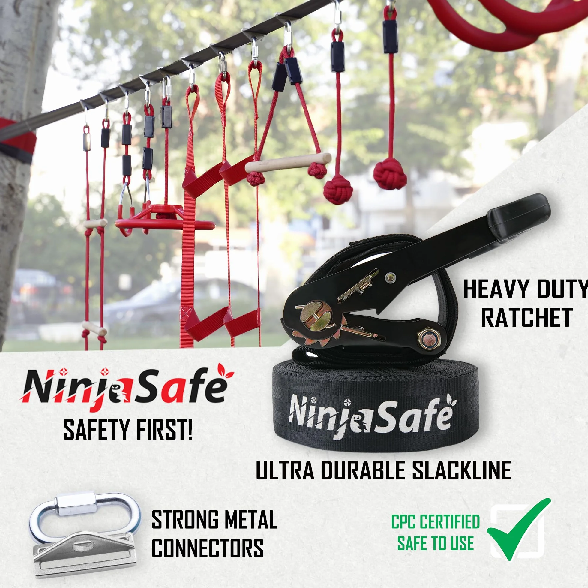 Parcours d'obstacles Ninja pour Enfants – 10 Obstacles durables et 15 m Slackline – Équipement de Jeu d'extérieur pour Filles et garçons avec Filet d'escalade, échelle, Roue, Gymnastique guerrière et