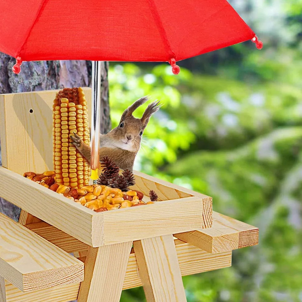 Mangeoire en Bois pour Écureuil avec Parapluie et Porte-Maïs - Station d'Alimentation Extérieure (Charbon de Bois)