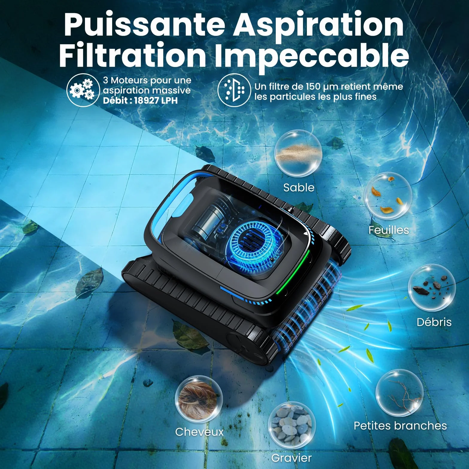 Robot de piscine Sol et Mur sans fil 18927 L/H Nettoyeur pour piscines jusqu'à 170㎡