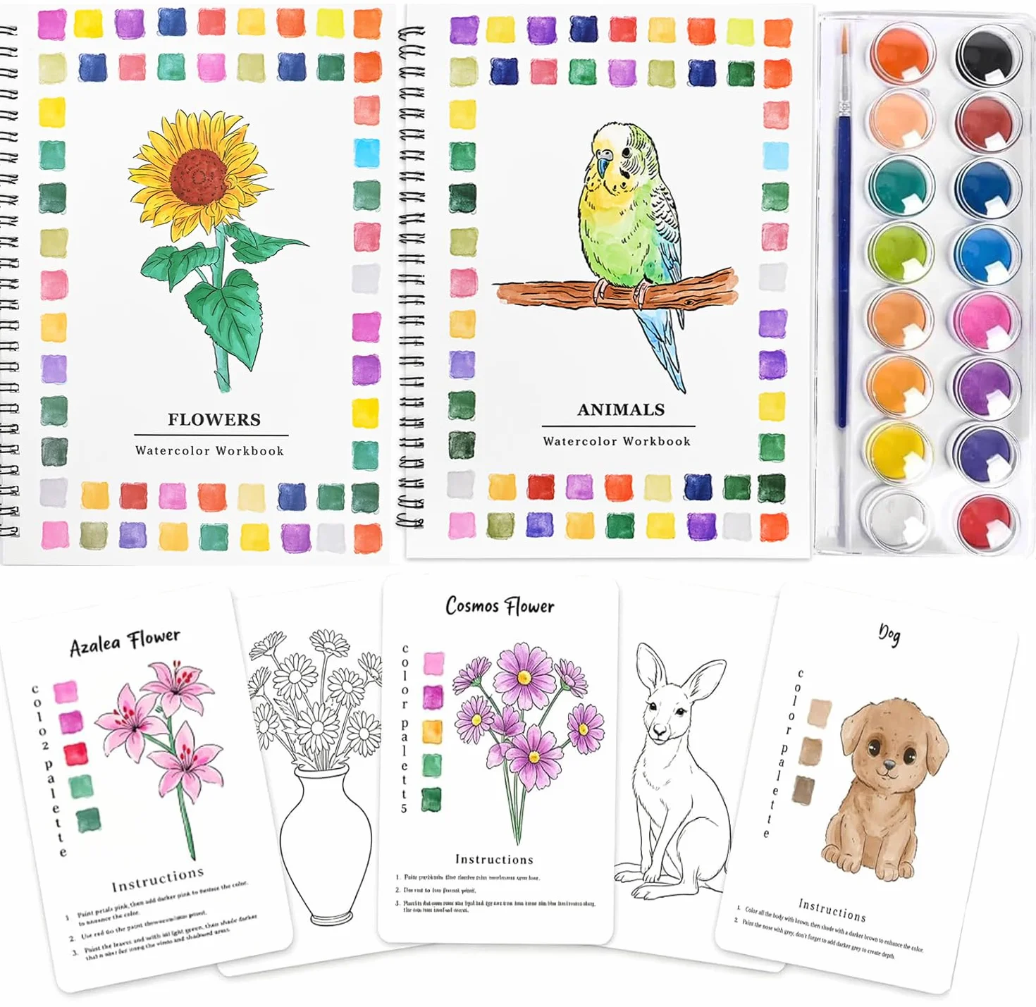 Cahier d'aquarelle pour débutants, 30 motifs fleurs animaux, 16 couleurs, 2 pinceaux, livre de peinture aquarelle adultes détente
