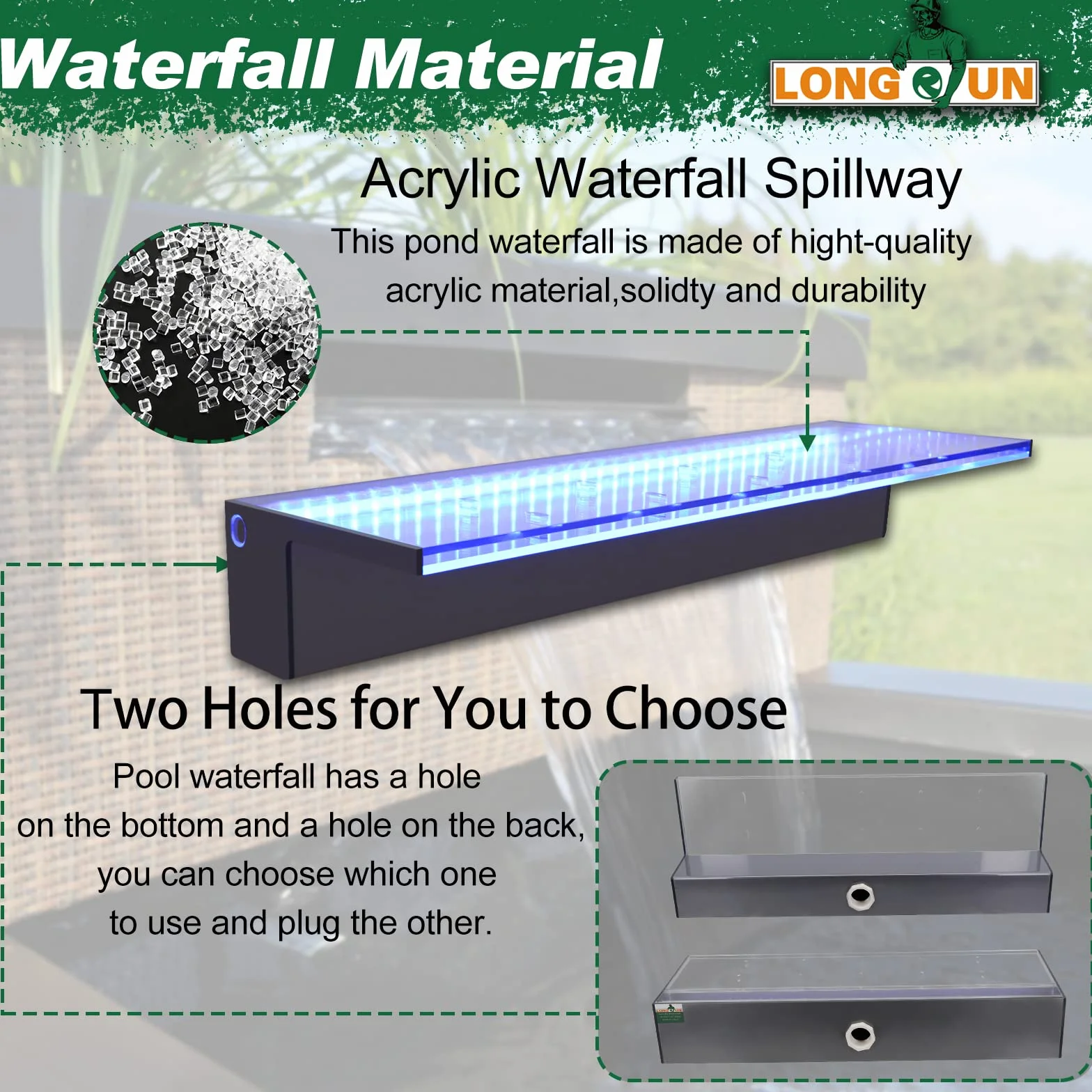 LONGRUN Bluetooth Acryl Pool Fountain 60cm Pond Waterfall Cascade 7 Colors LED Light Waterfall Stream Kits Outdoor