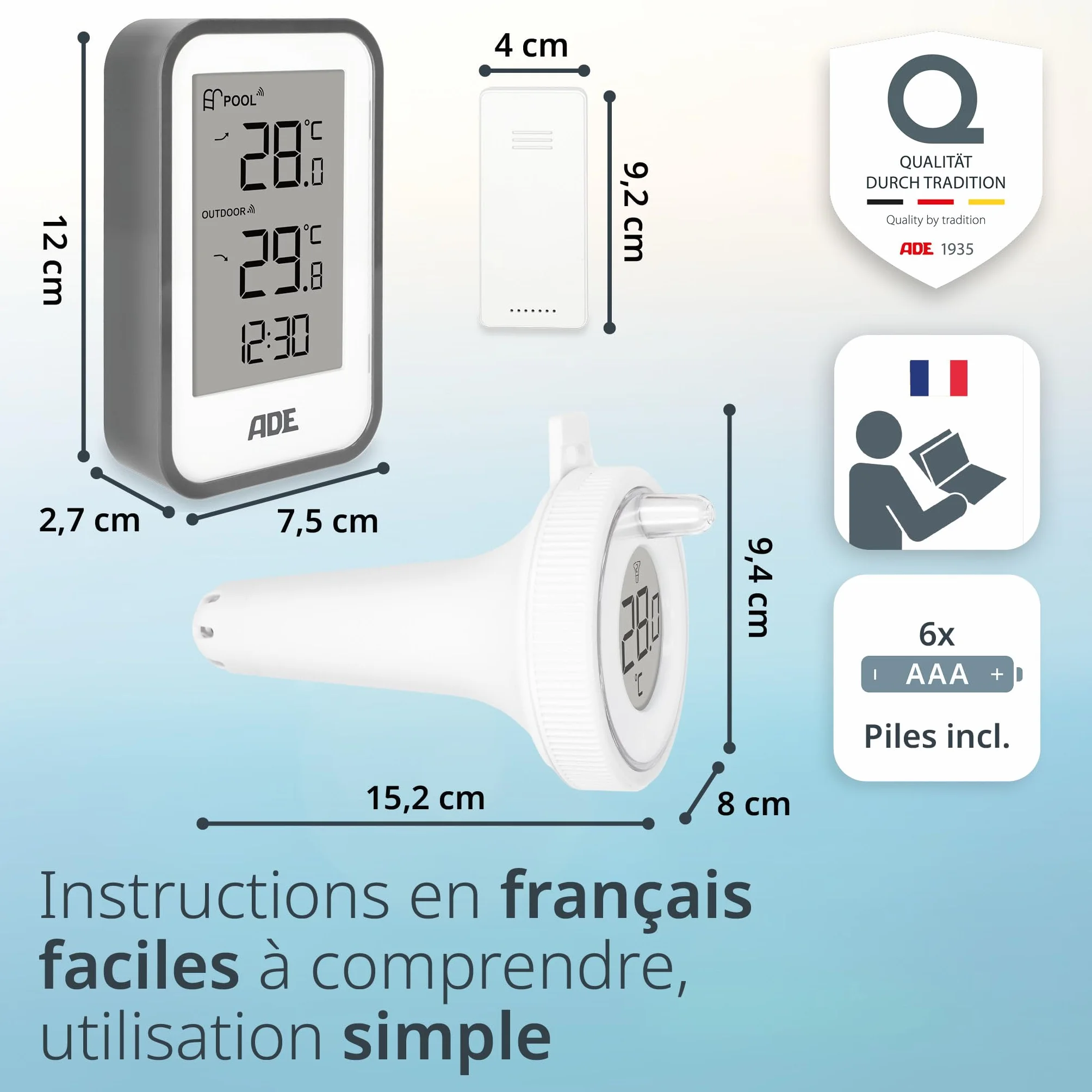 ADE Thermomètre piscine sans fil étanche IP67 avec capteur extérieur température eau air