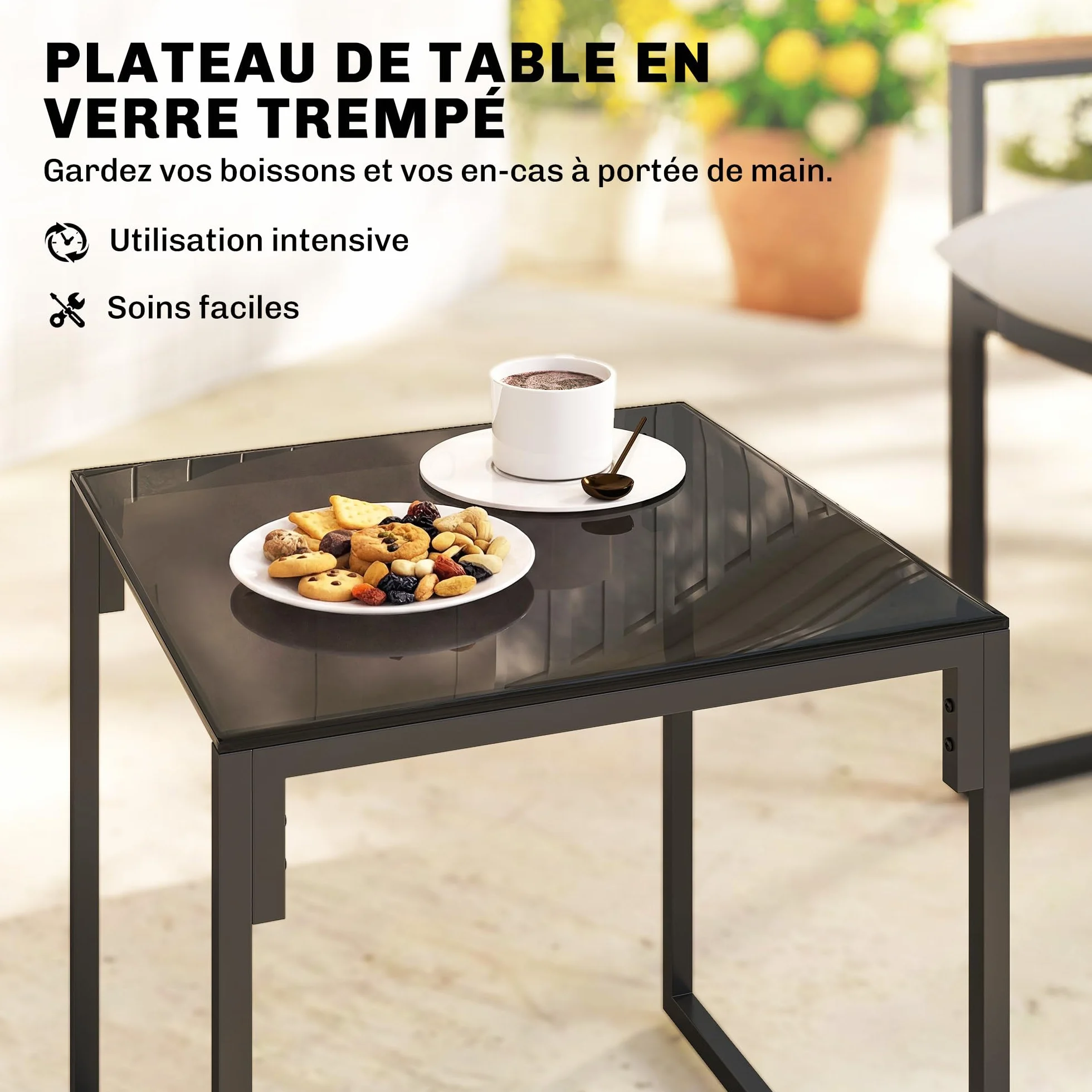 Outsunny Salon de Jardin 3 Pièces 2 Places avec Table Basse Verre trempé Gris
