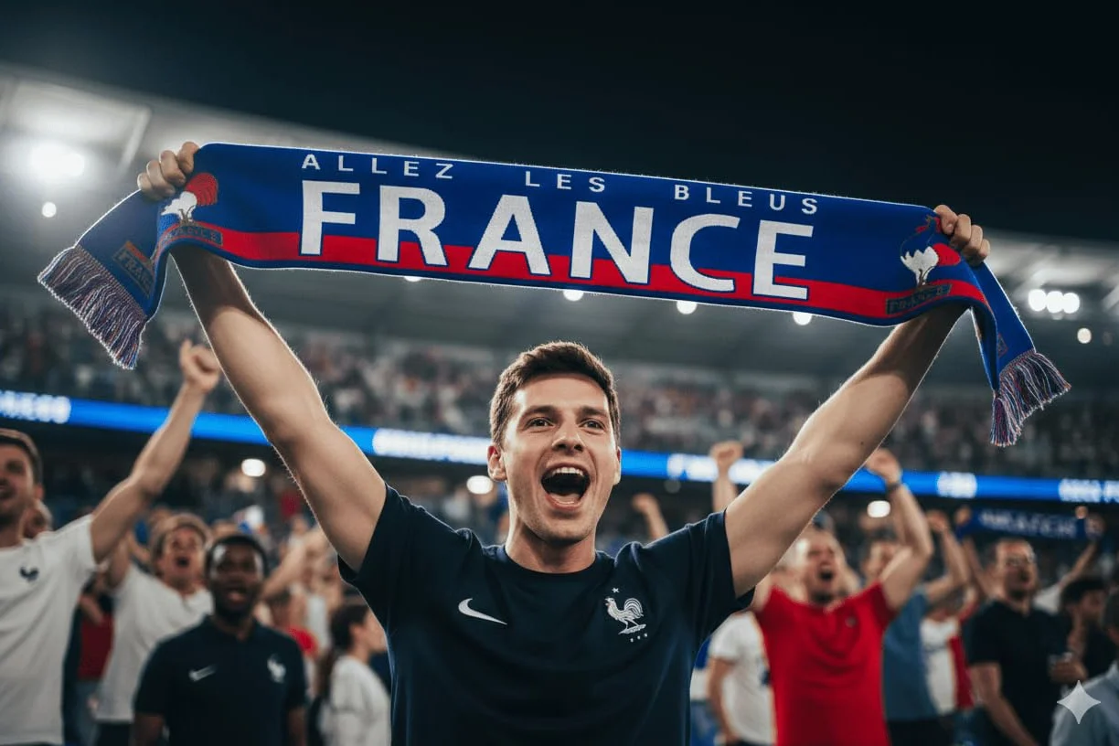 Écharpe de Supporter France, Bleu Rouge Blanc, 140 x 20 cm, Style Sportswear avec Logo Coq Gaulois