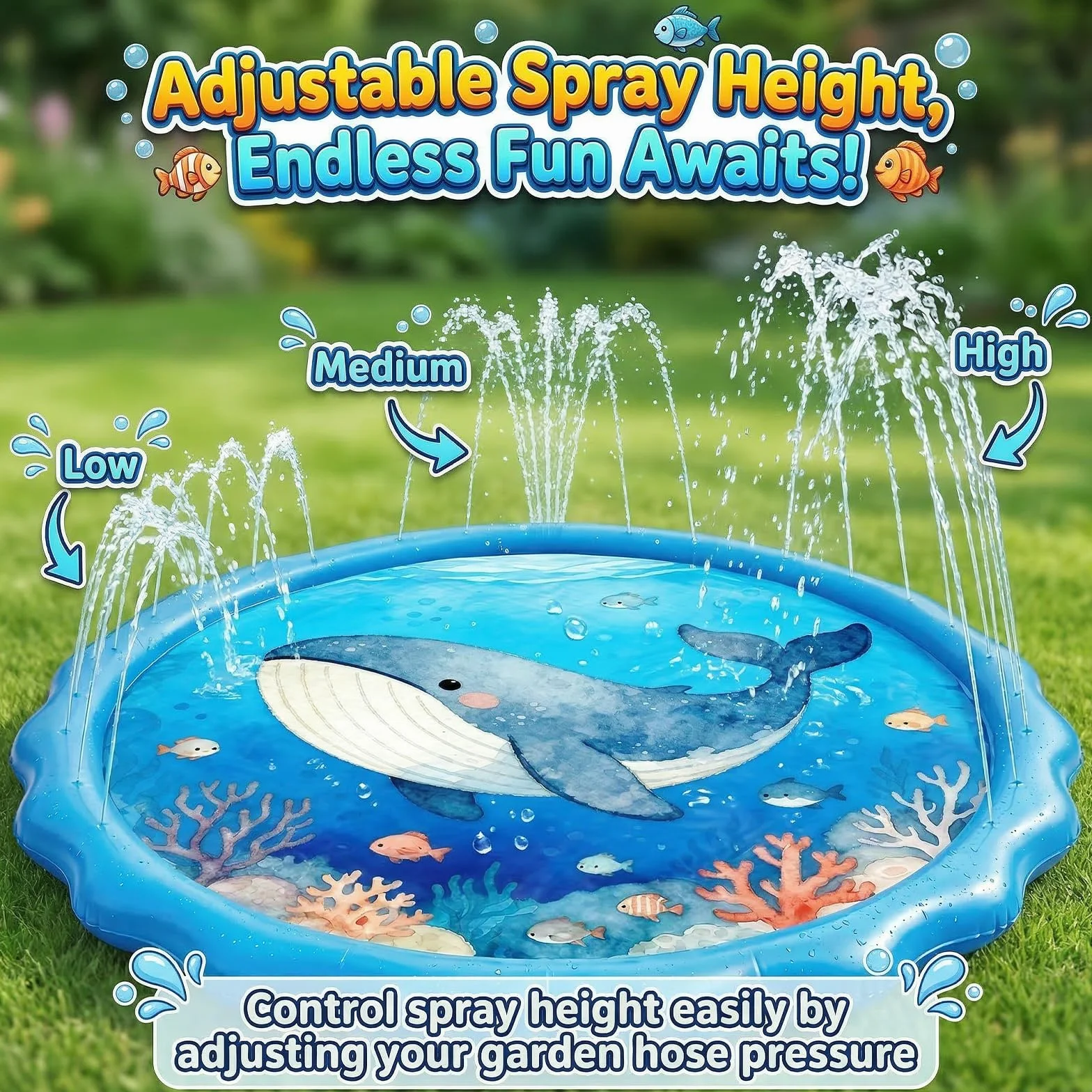 Tapis Jet d'Eau 170cm avec 3 Hauteurs Réglables - Splash Pad Baleine et Vie Marine PVC 0.25mm pour Enfants et Chiens