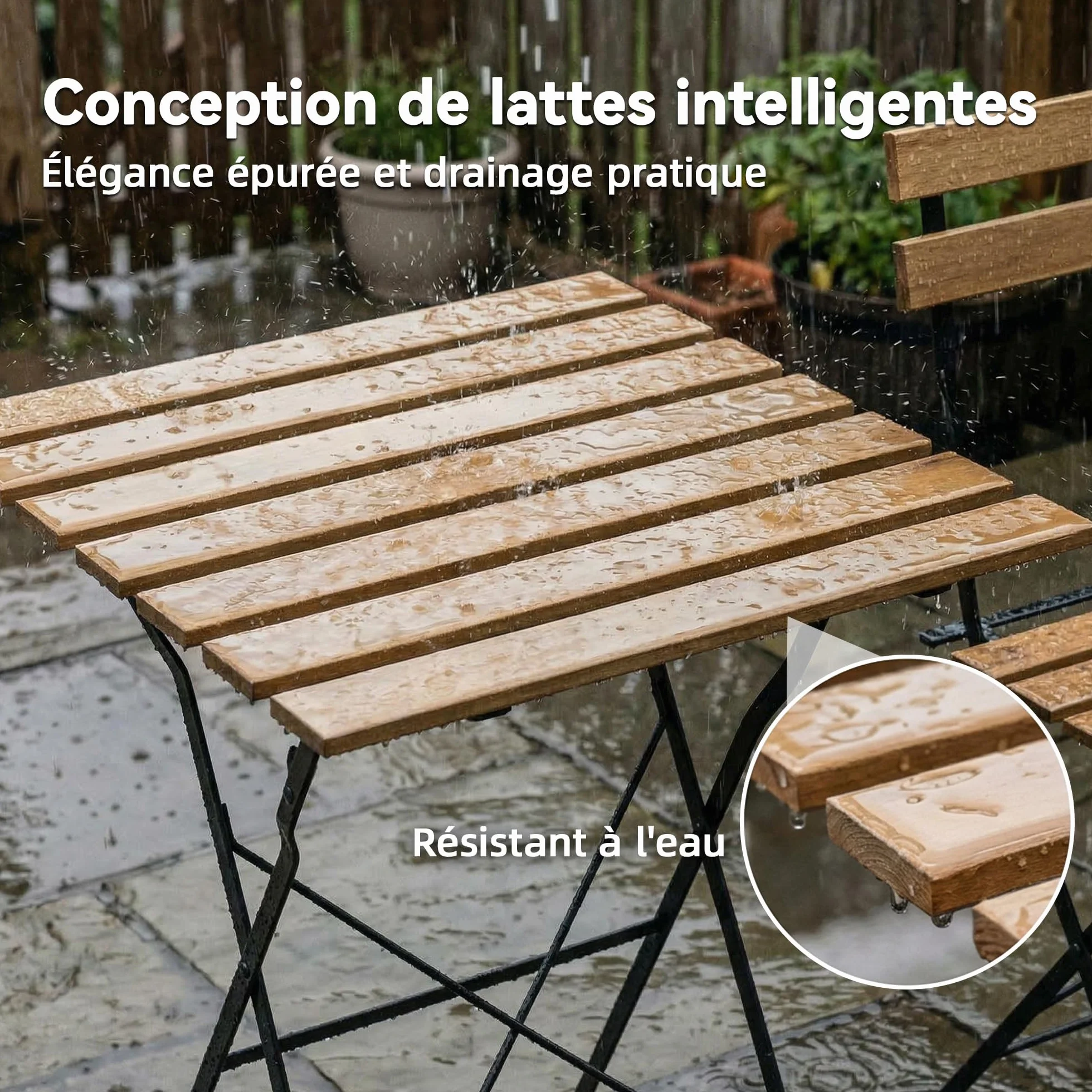 Outsunny Ensemble de Salon de Jardin 3 Pièces, Table Carrée en Bois d'Acacia, 2 Chaises Pliantes, Cadre Métal, Naturel
