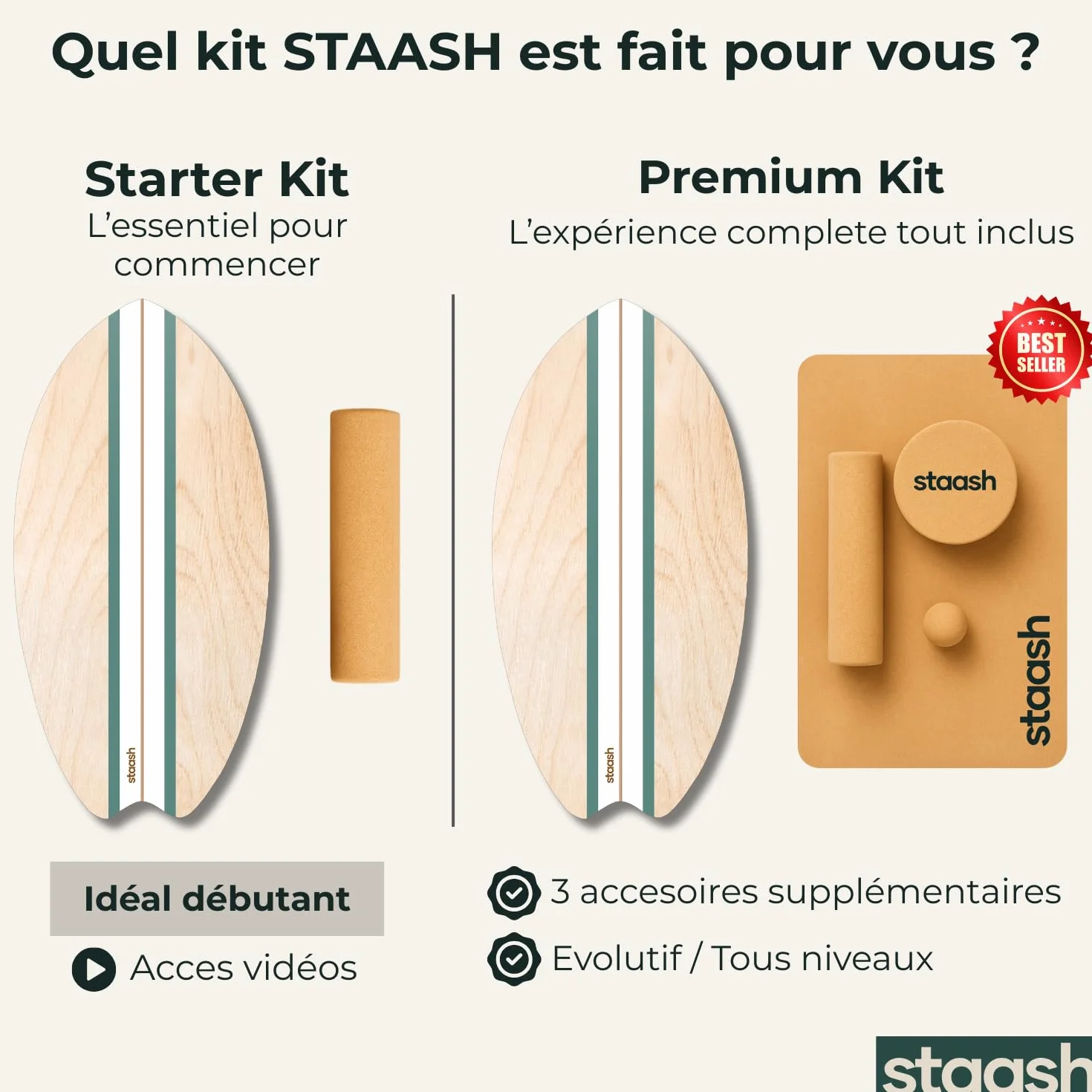 STAASH Balance Board en Bois Premium – Planche d'Équilibre Antidérapante avec Rouleau en Liège pour Surf, Fitness, Yoga et Rééducation