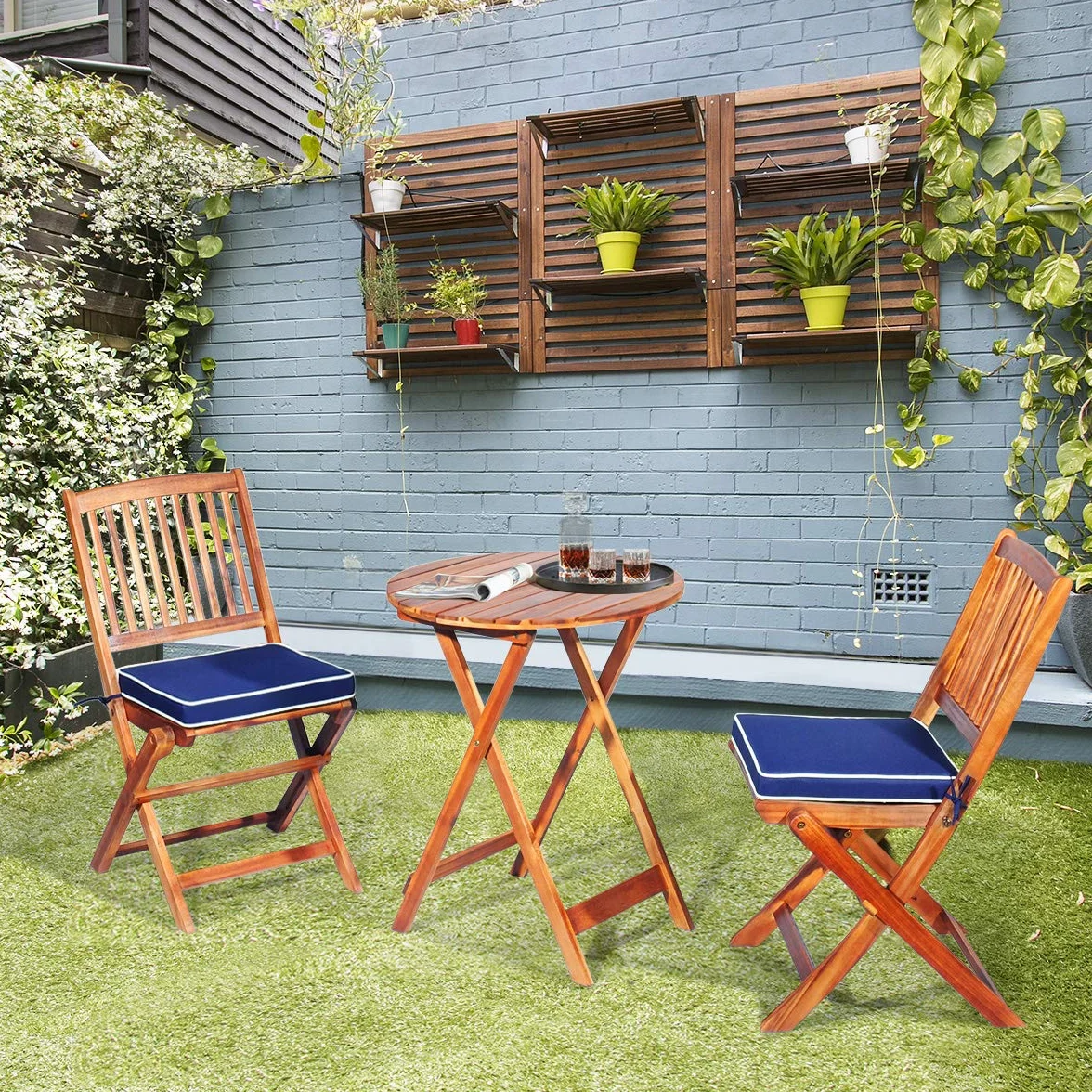 GOPLUS Salon de Jardin 2 Personnes Table Bistrot en Bois Acacia avec 2 Chaises et Coussins Amovibles 3PCS Pliante Terrasse (Bleu)