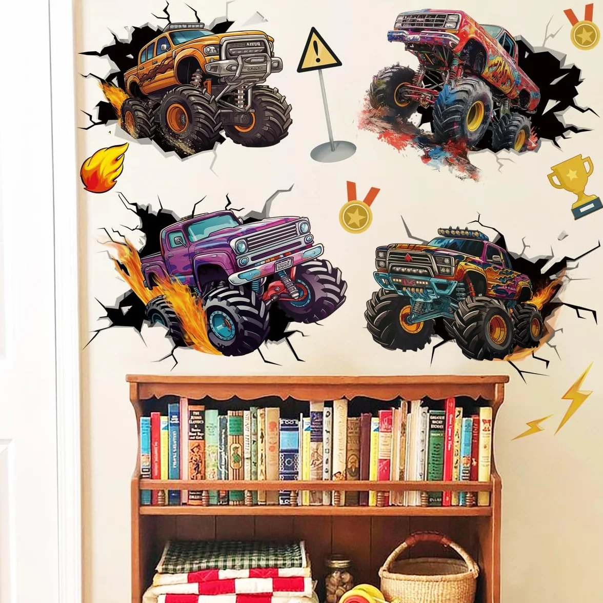 Runtoo Autocollants muraux 3D Monster Truck Break Through Cars Décoration murale chambre garçon