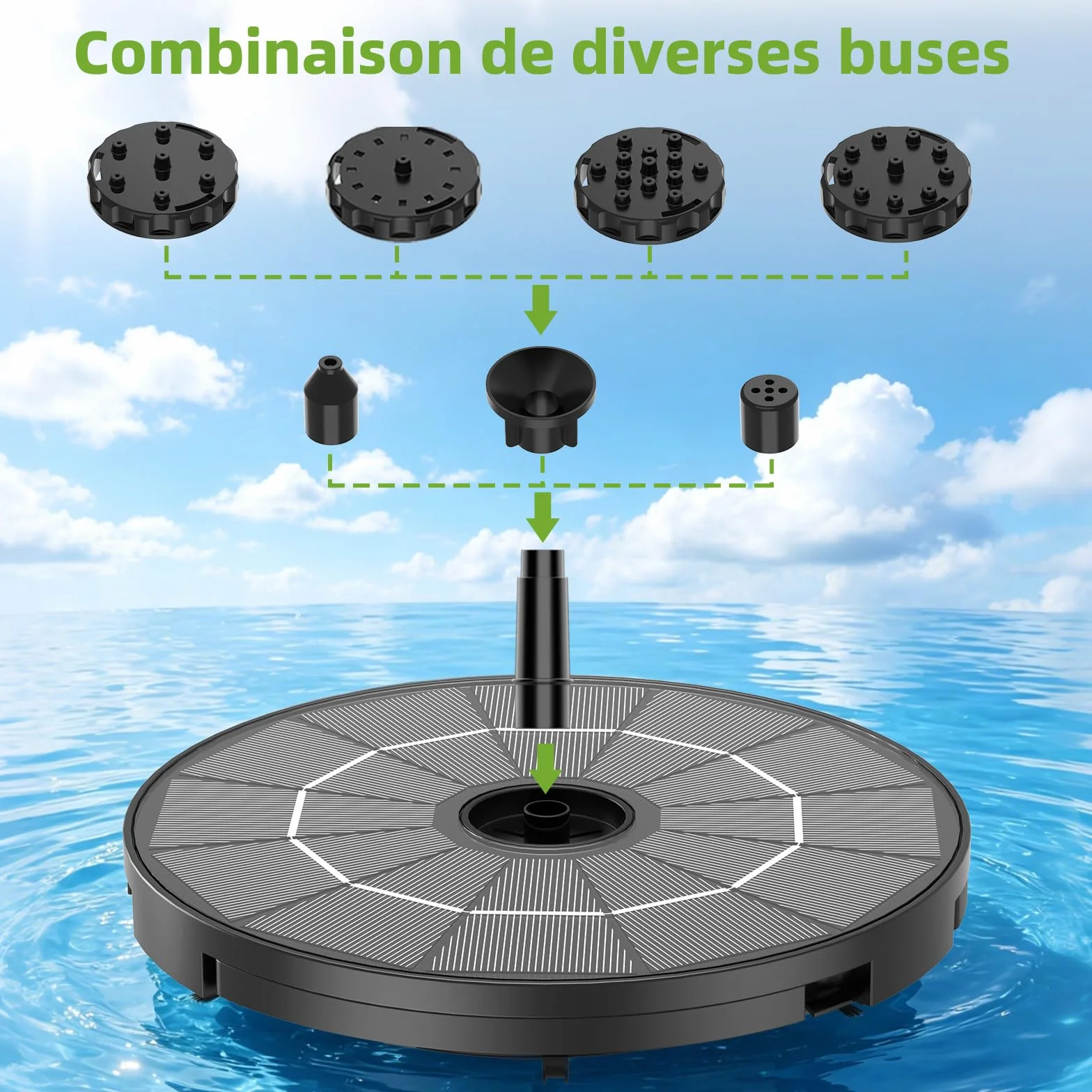 Fontaine Solaire Exterieure de Jardin 2,8W 2 en 1 avec Panneau Solaire Amovible Support Fixe 6 Buses