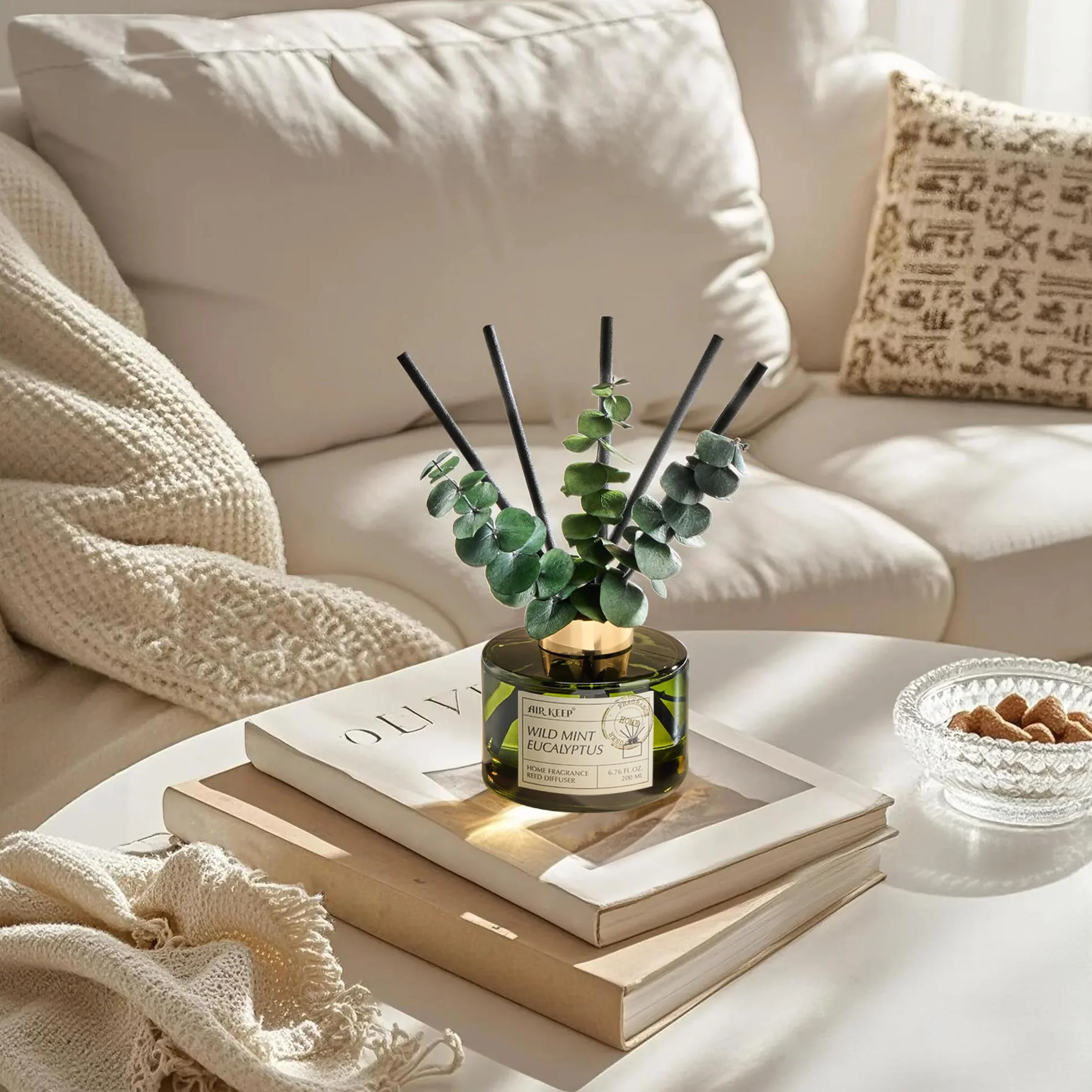 Airkeep Diffuseur de Parfum Maison 200ml 8 Bâtonnets Wild Mint & Eucalyptus Parfum d'Intérieur