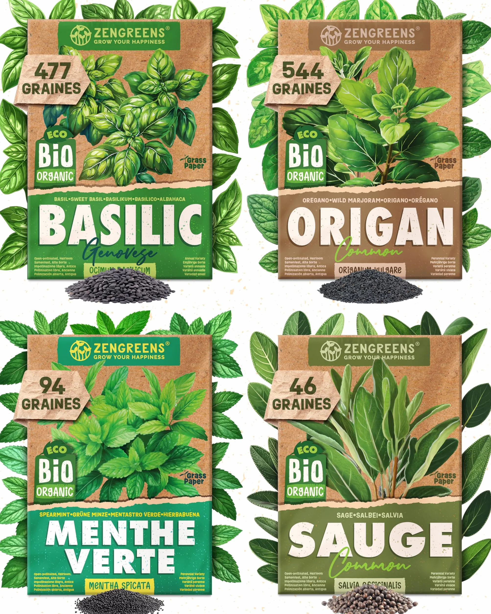 Kit de graines de herbes aromatiques bio 25 variétés ZenGreens® pour jardin balcon jardinière