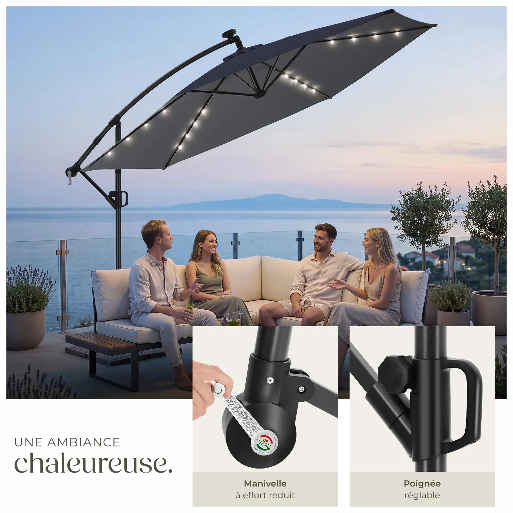 Tectake Parasol déporté 3,5 x 3,5 m avec Éclairage LED Pivotant 360° Inclinable UV 50+ Panneau solaire Jardin Terrasse