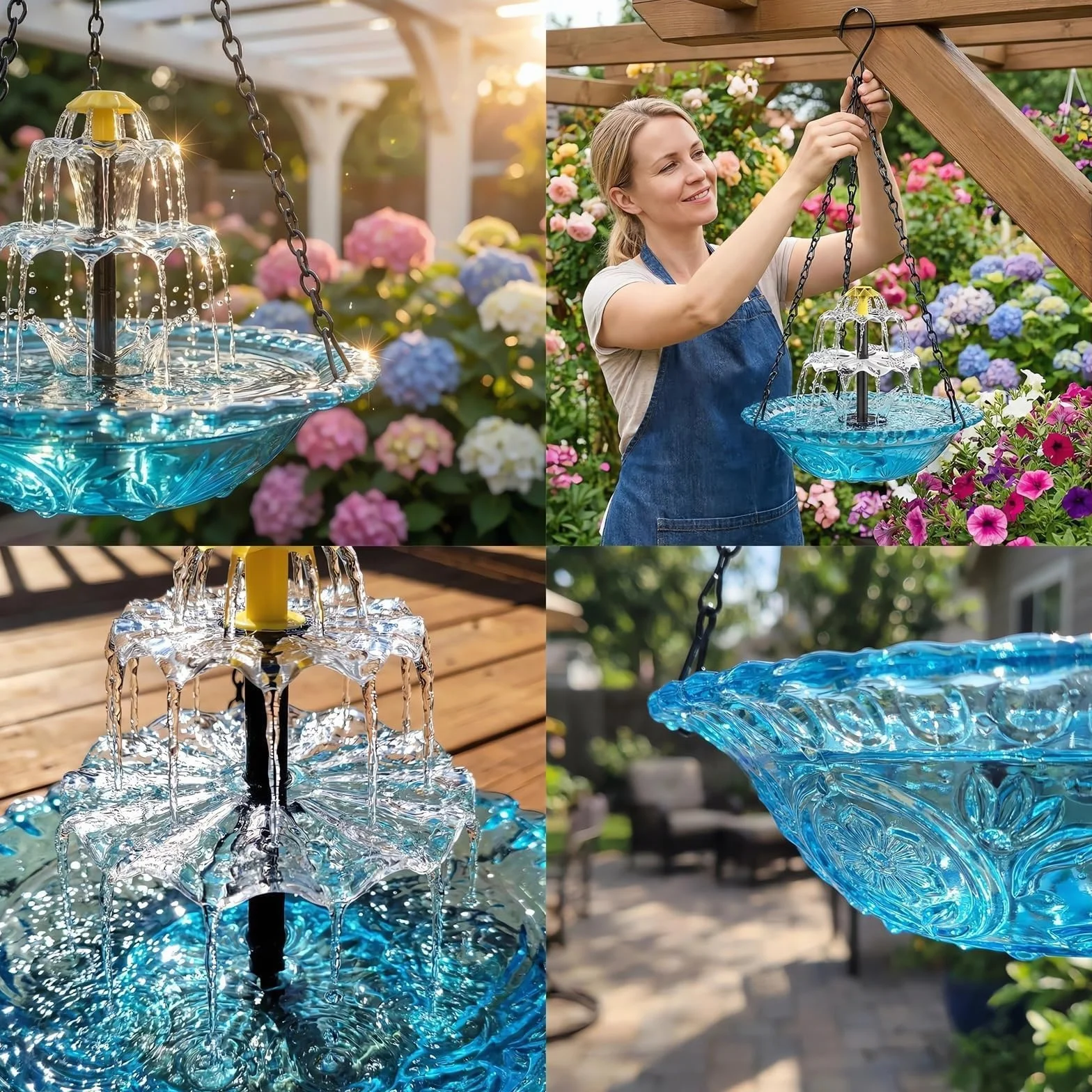 Fontaine Solaire Oiseaux Abreuvoir Suspendu Cascade Pompe Solaire Attire Colibri Bleu