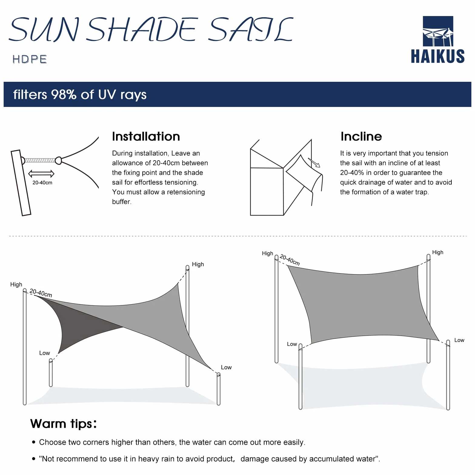 HAIKUS Voile d'ombrage Rectangulaire 3x4 m HDPE Respirant 185g/m² Protection UV Blanc