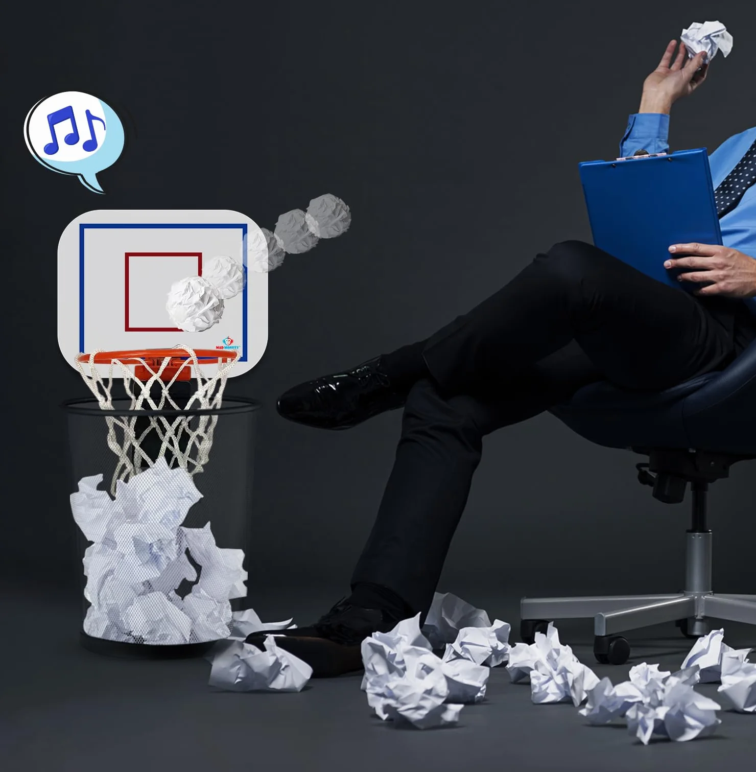 Mad Monkey Basketballkorb Mülleimer mit Sound - Orange Papierkorb für Jugendzimmer Büro