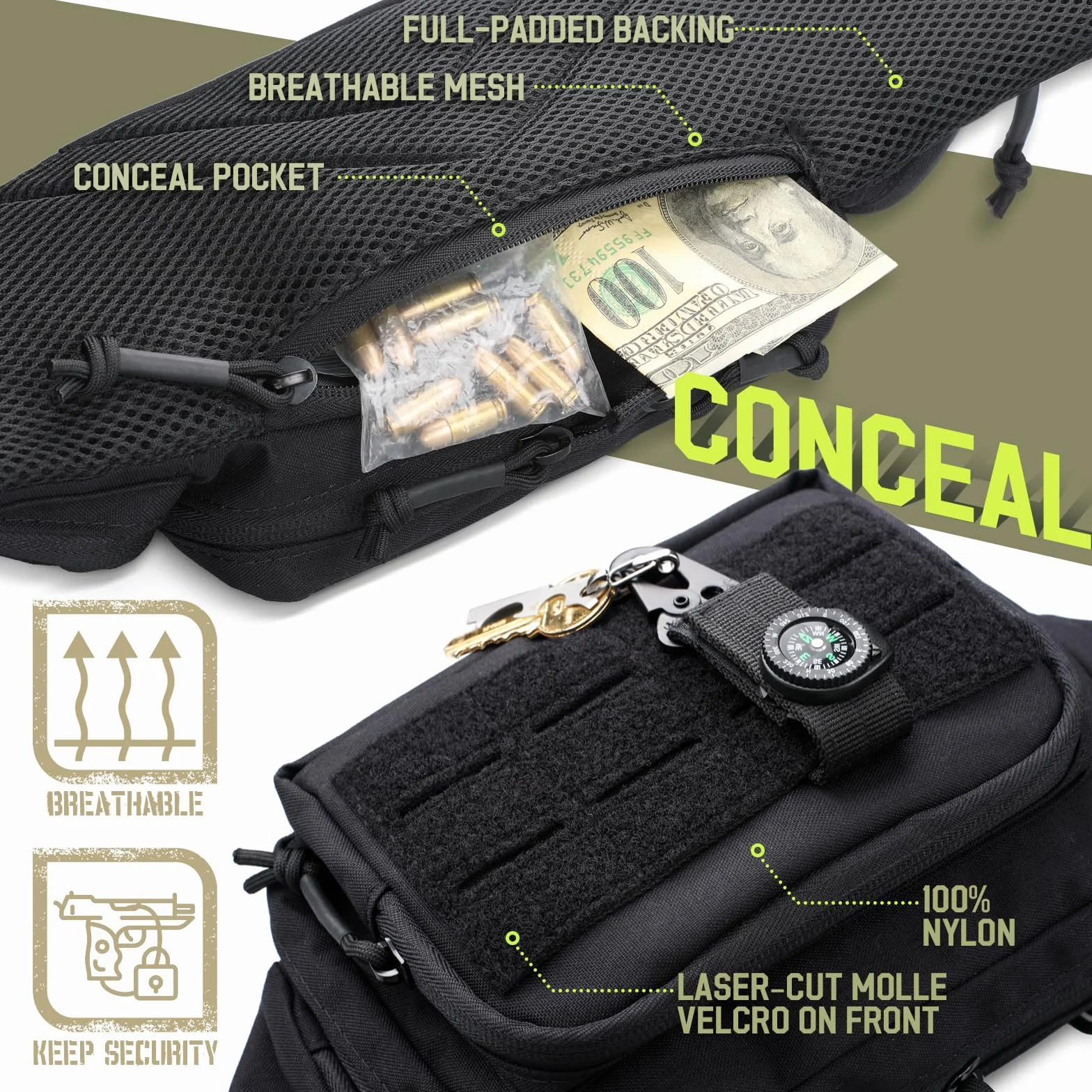 WYNEX Sac Banane Tactique Homme Sacoche Arme de Poing Discret avec Sangle Réglable, Sert Également Sacoche à Bandoulière Antivol sur La Poitrine pour Usage Quotidien Cyclisme Randonnée Sport - Noir