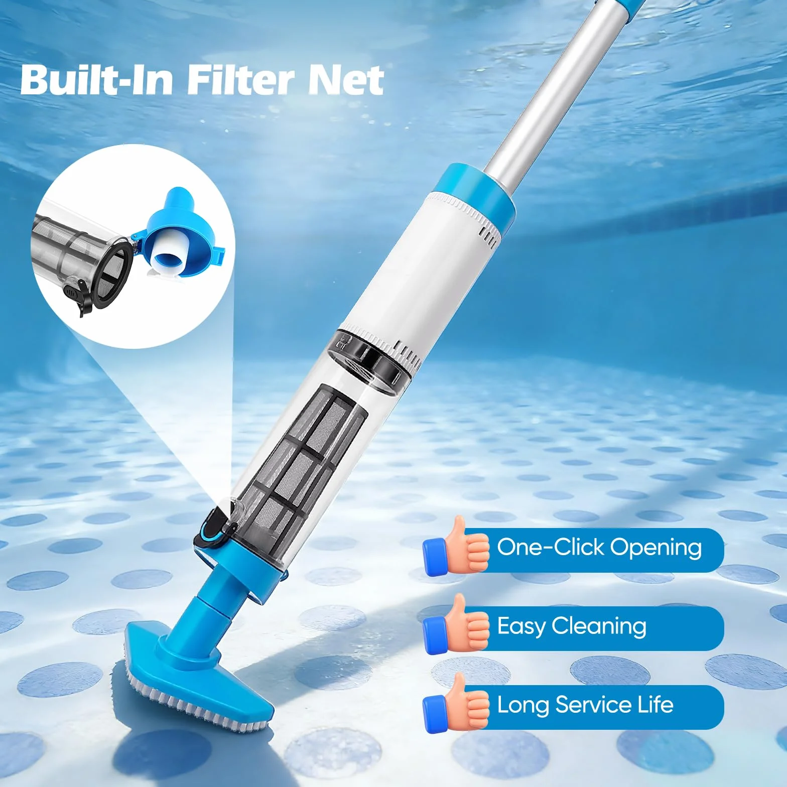 Aspirateur Piscine Rechargeable Nettoyeur avec Perche Télescopique 103.5–162.5cm Forte Aspiration 3 Têtes Piscines Hors‑Sol Enterrées Spas