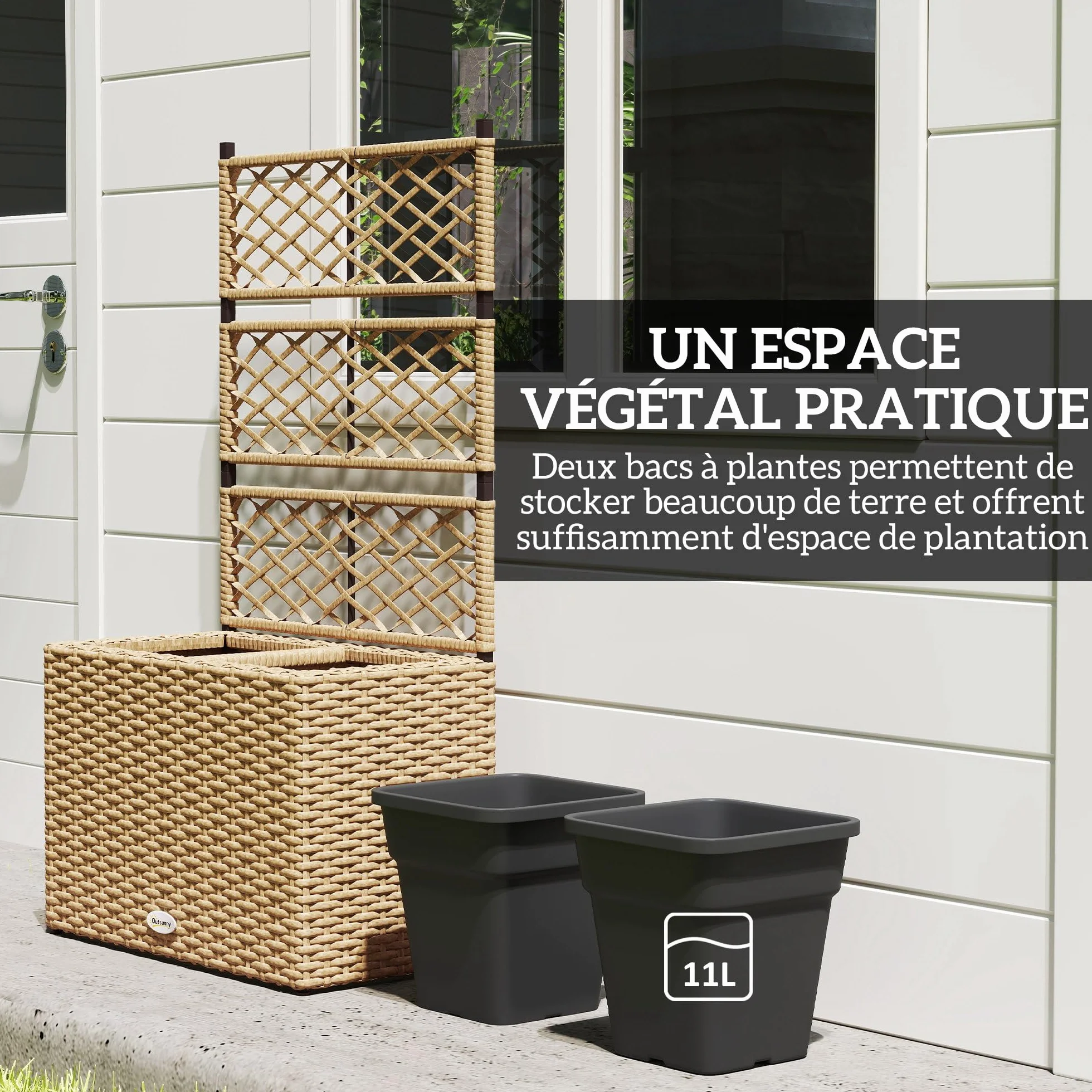 Outsunny Jardinière pour Plantes avec Treillis 2 Pots, 22L, Résine Tressée et Acier, 57 x 30 x 107 cm, Sable