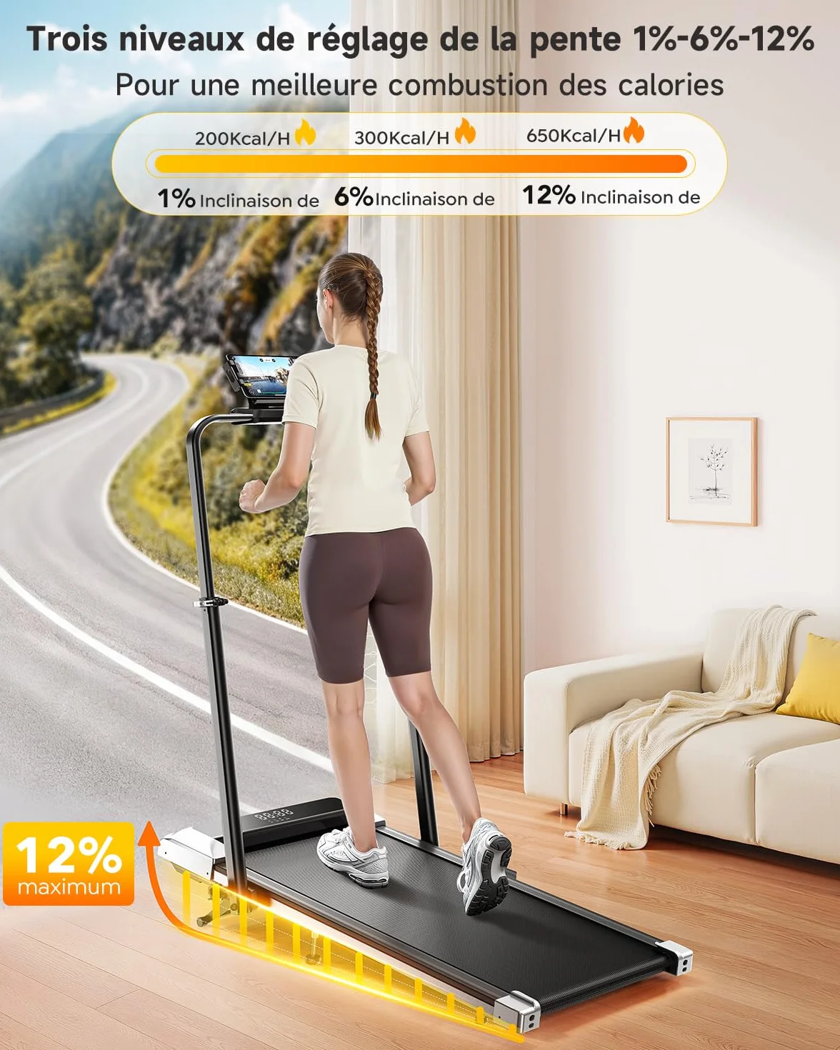 Tapis de Course 6 en 1, Pente 1%-6%-12%, Vitesse 12km/h, Hauteur de la Colonne Montante télescopique 115CM, Angle de la Colonne Montante 95°-105°, 2.5 HP, Compact et Portable，Adapté aux familles