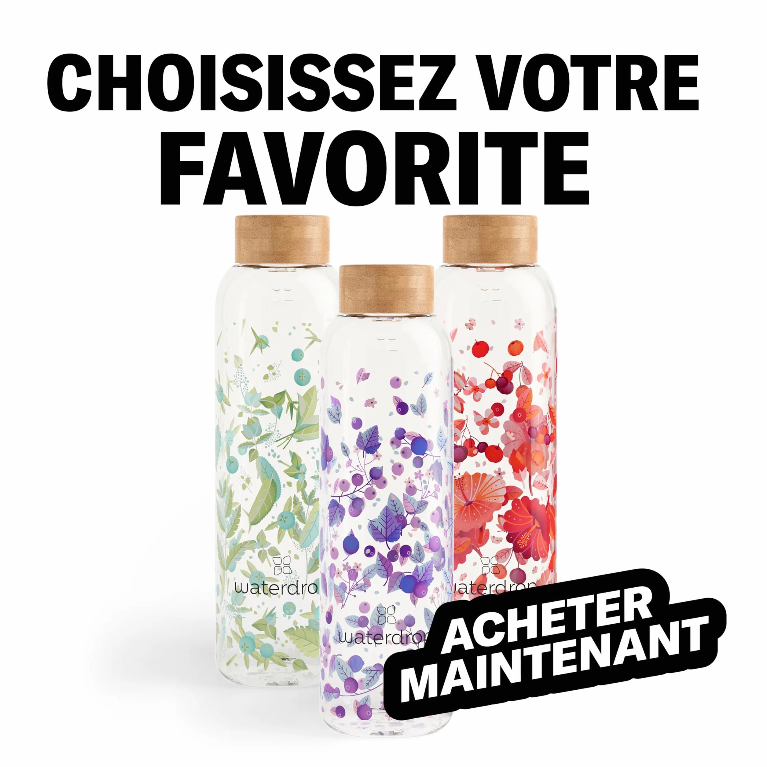 waterdrop® Bouteille en Verre 600ml – Gourde Réutilisable en Verre Borosilicate avec Bouchon Bambou et Housse, Sans BPA, Étanche, Idéale pour Maison, Bureau, Sport, Voyage