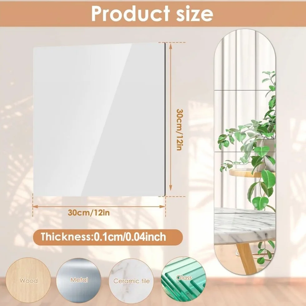 Lot de 4 miroirs autocollants en acrylique - Flexibles et incassables - 20 cm/30 cm - Forme ronde et carrée