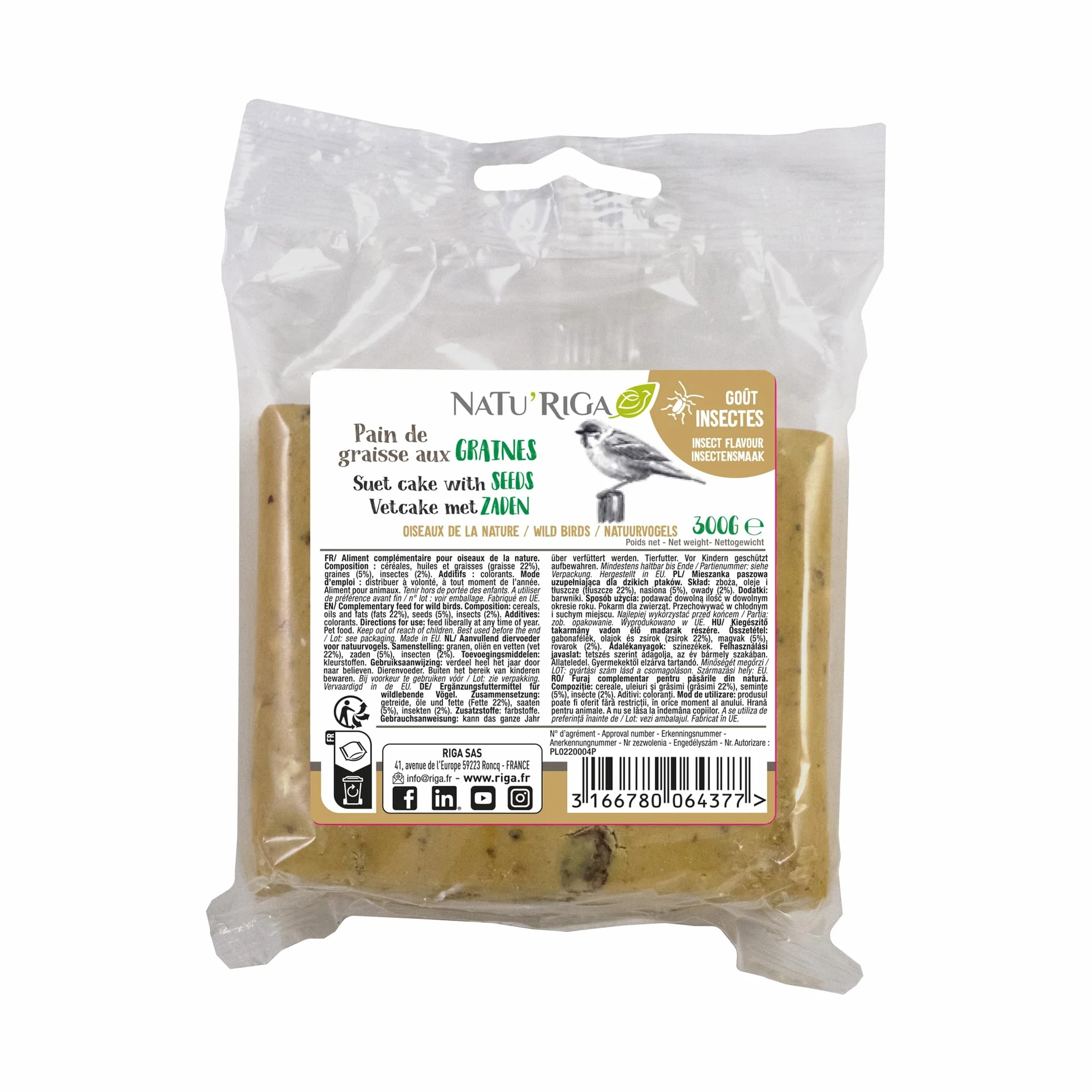 NATU'RIGA Pain De Graisse Aux Graines Et Insectes Nourriture Oiseaux Extérieur 300G