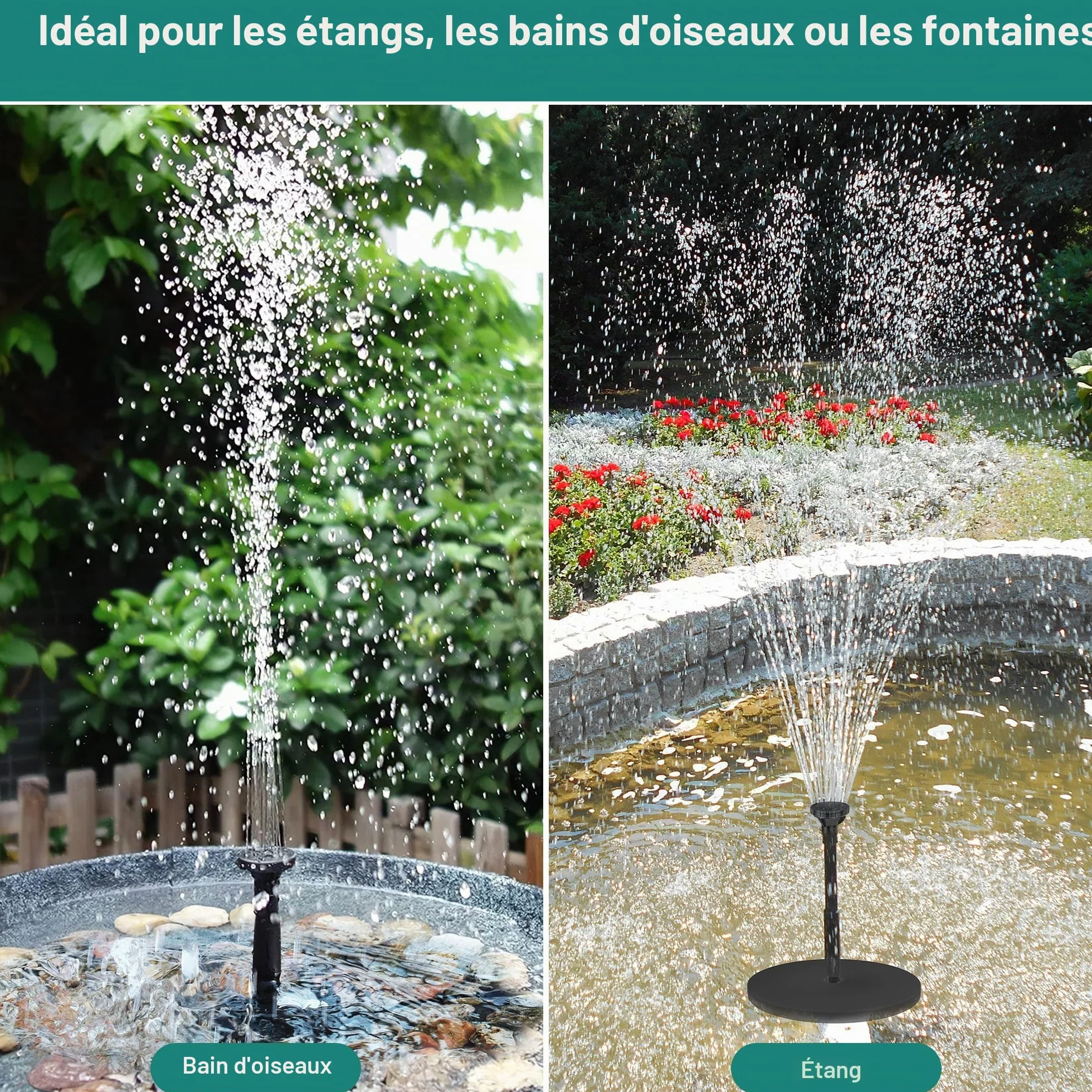 Fontaine Solaire 8 W Extérieur avec Batterie 3600 mAh Pompe Bassin Filtre Flottante ABS