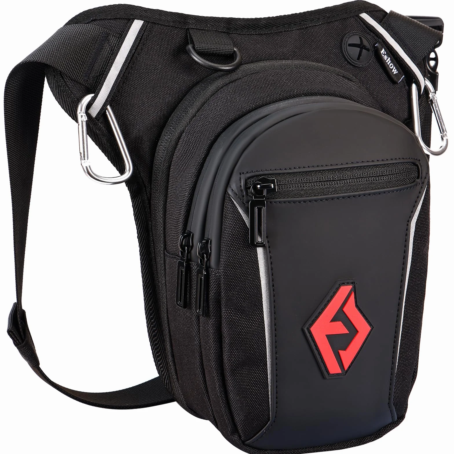 Eshow Sacoche de Jambe Moto Capacité Extensible, Sac Banane Femme Homme avec Bande Réfléchissante, Ceinture et Sangle de Jambe Réglables, 2 Mousquetons pour Randonnée Pêche