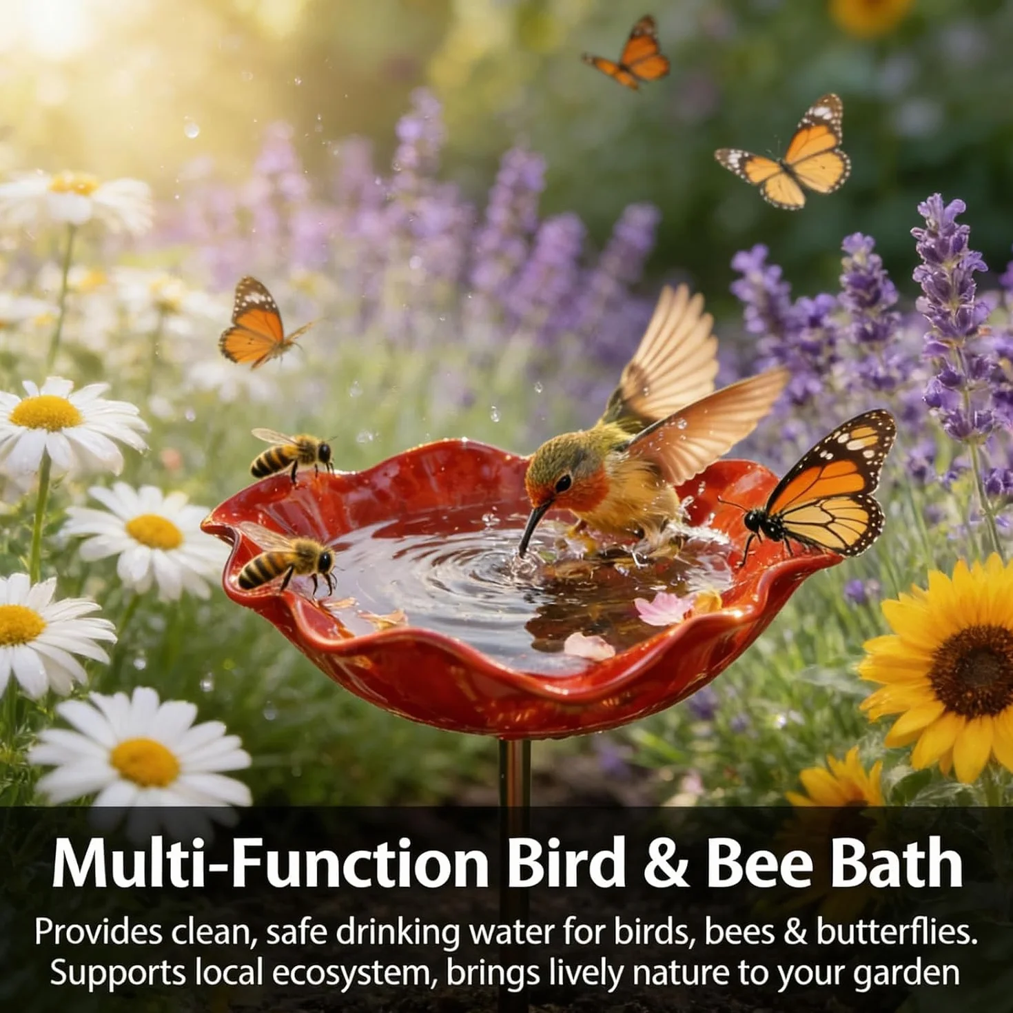 Bain d'abeilles en Métal Fait à la Main Piquet de Jardin Mangeoire à Eau avec Station d'eau pour Décoration Extérieure (Rouge-3PCS)