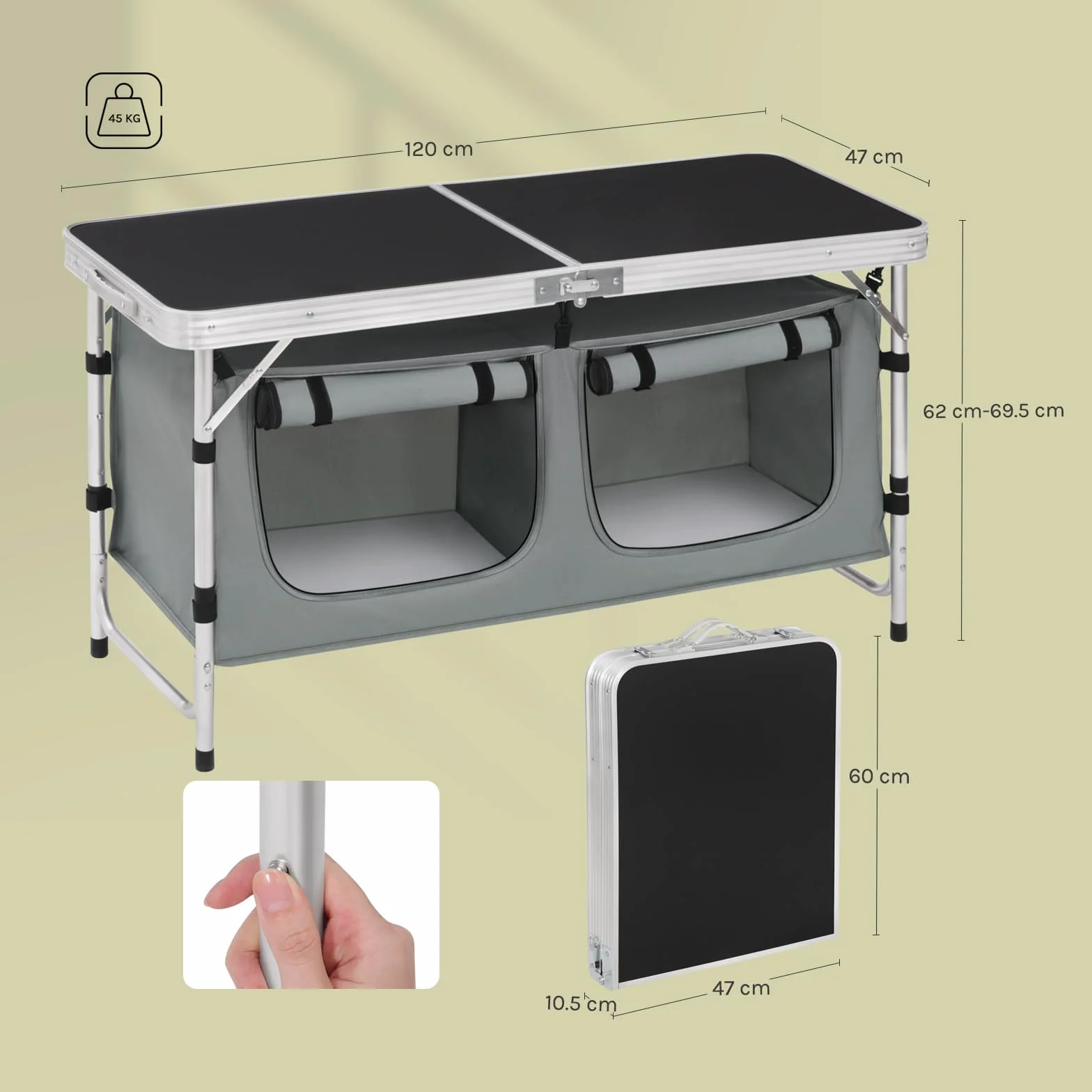 WOLTU Table de Pique-Nique Pliante en Aluminium Réglable en Hauteur pour 4-6 Personnes Noir + Gris