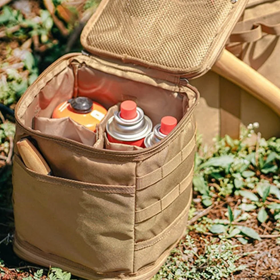 Sac de camping en tissu Oxford, sac de rangement de grande capacité pour lampe d'extérieur, réchaud à gaz, sac de transport (kaki)