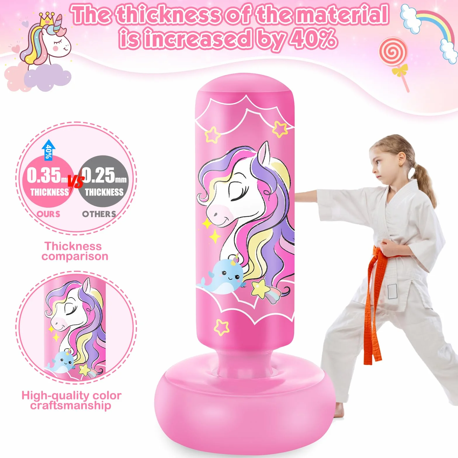 YORWHIN 168cm Sac de Frappe Gonflable pour Enfants avec Gants de Boxe, Sac de Boxe sur Pied, pour Les Enfants, Les Filles, Set de Frappe pour Pratiquer Le Karaté, Le Taekwondo et Le MMA