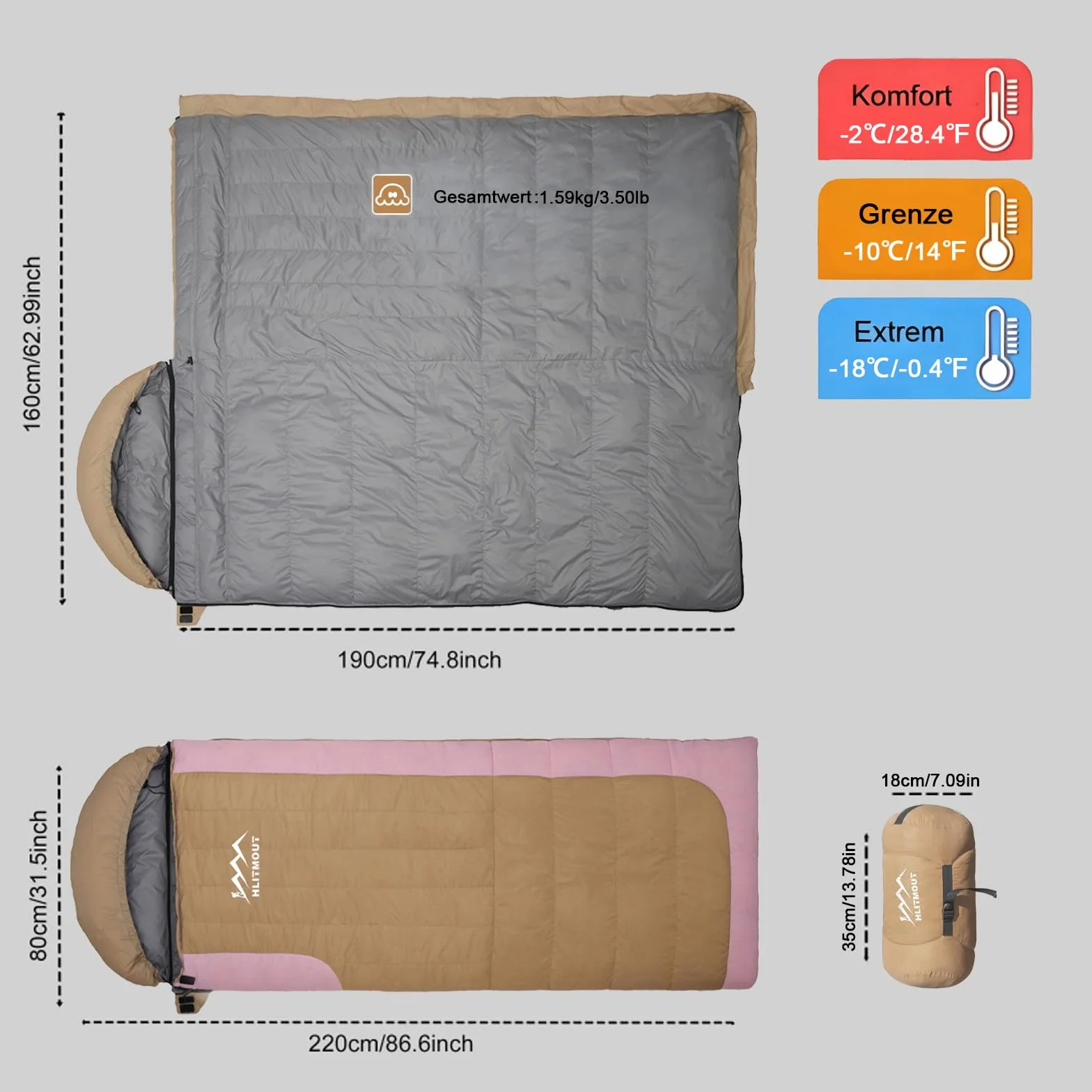 Sac de Couchage en Duvet, léger, Petit et Compact, pour Adultes et Enfants, idéal pour Le Camping, la randonnée et Le Trekking 3 Saisons, avec Un Duvet 680 FP.