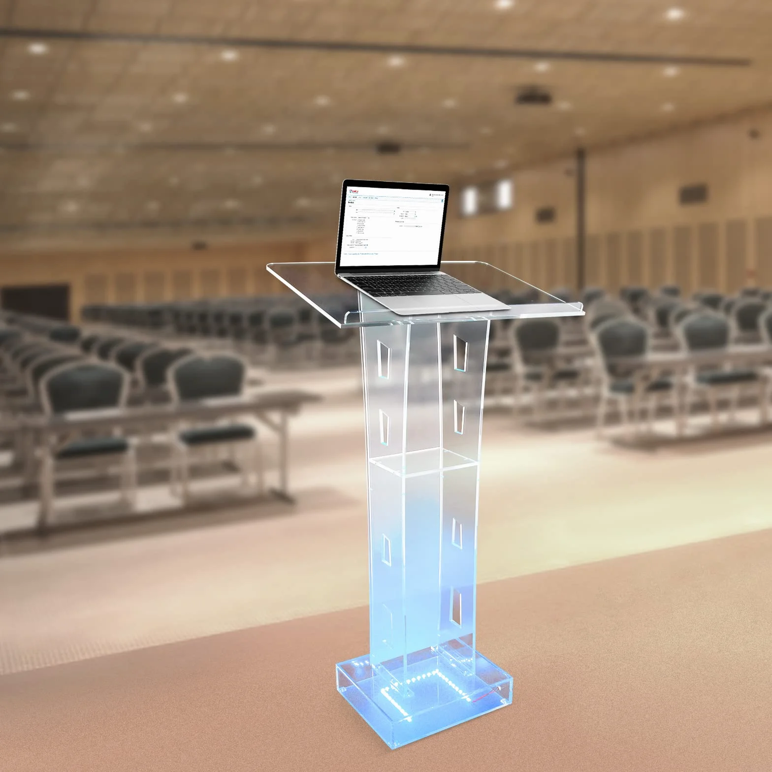 Lucite Podium en acrylique transparent avec lumière LED bleue 100 cm