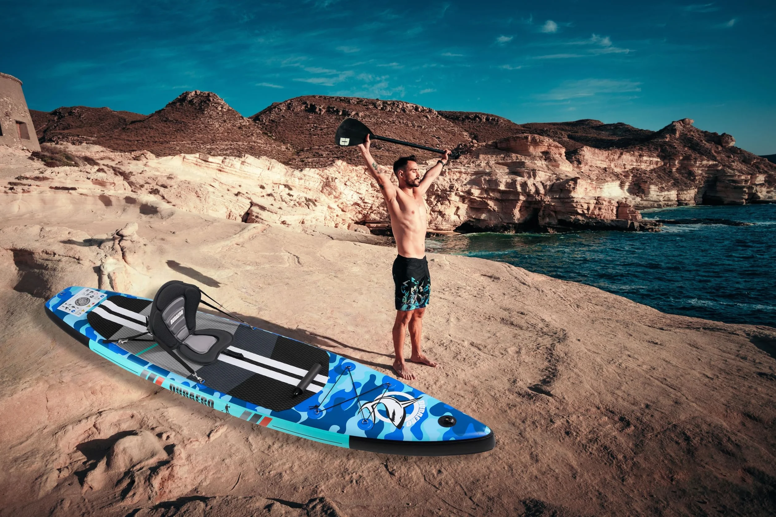 Planche de Stand up Paddle Gonflable, 330 x 76 x 15 cm, siège de Kayak, capacité de Charge jusqu'à 150 kg, Support pour caméra, Kick-Pad intégré, 3 ailerons, pagaie Double réglable, Camouflage Blue