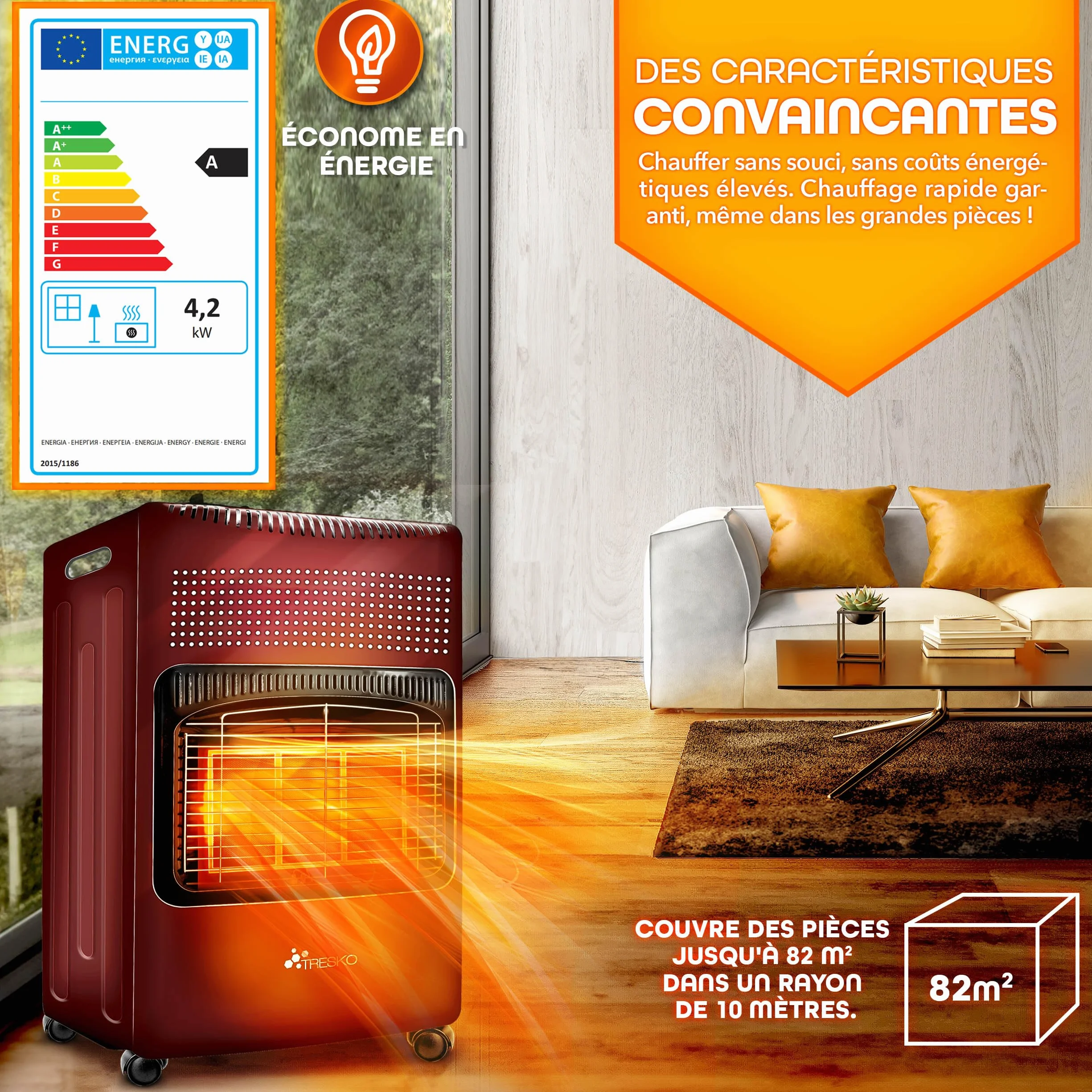 TRESKO Chauffage au gaz portable 4200 W intérieur régulateur de pression tuyau housse protection 3 niveaux chauffage réglables mobile