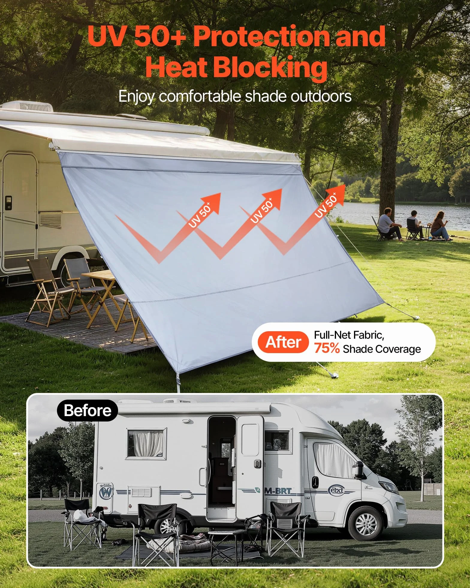 VEVOR Paroi Avant pour Store de Camping-Car 2x3,7 m, Façade de Store Compatible avec Auvent 4 m, Pare-Soleil Caravane Voyage, avec Couverture Zippée en PU UV50+, Maille Polyester Double Couture