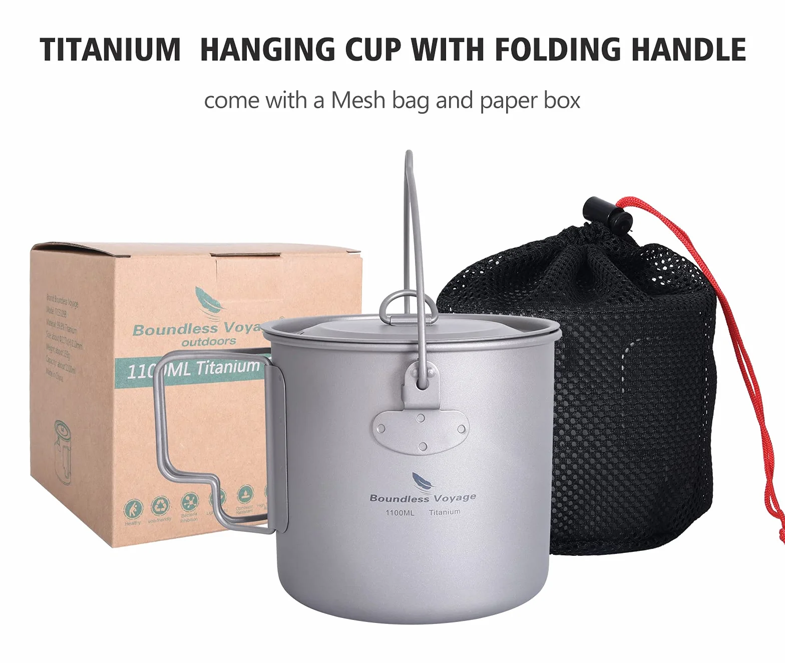 Boundless Voyage Outdoor 300ml 750ml 1100ml 1300ml 2900ml Titanium Pot with Lid Folding Bail Handle Camping Hiking Picnic Ultralight Portable Water Bottle Cup Mug Spork Set