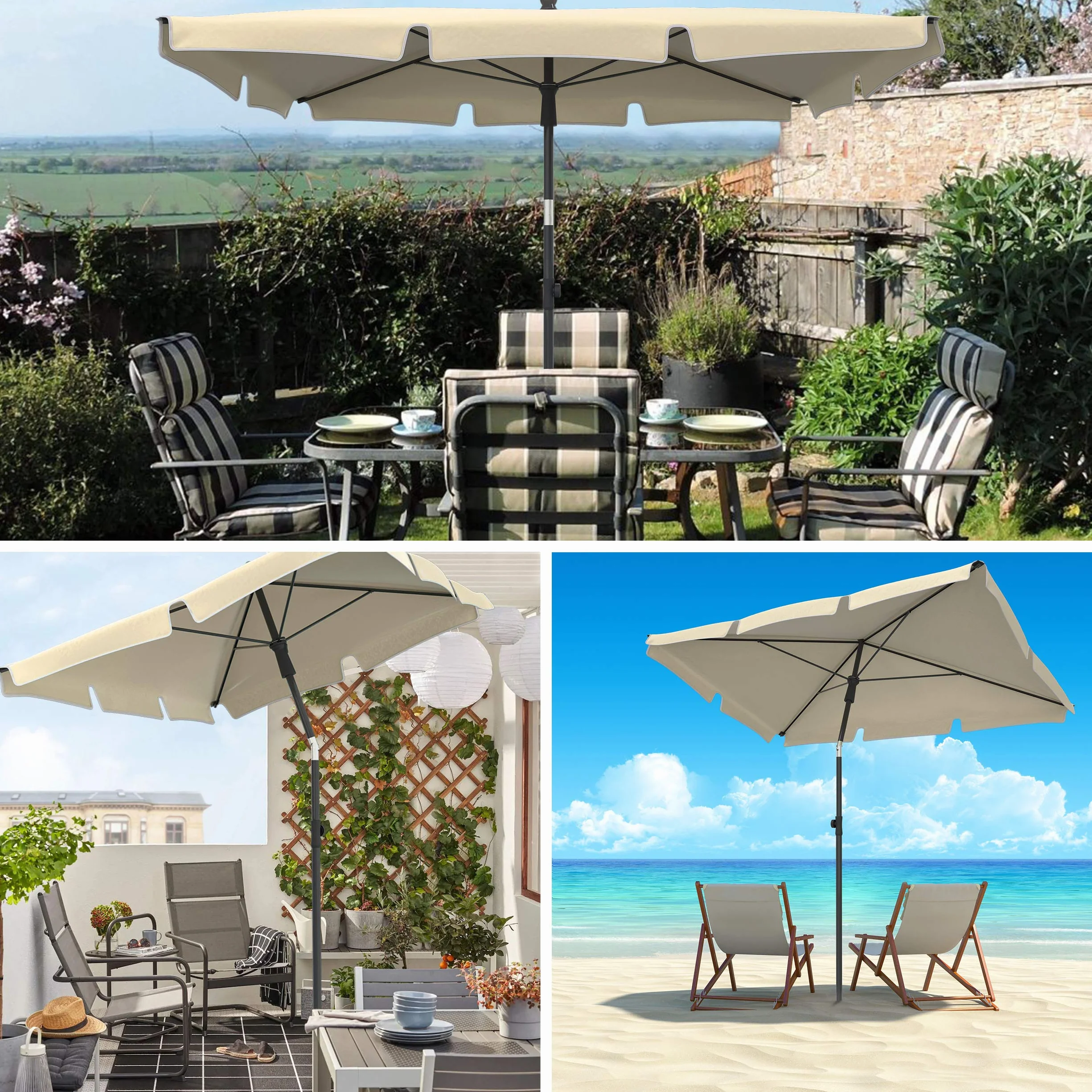 Parasol Inclinable Rectangulaire 200x125cm 160gr/m2 Protection UV Toile Polyester Pliable Extérieur Housse Beige