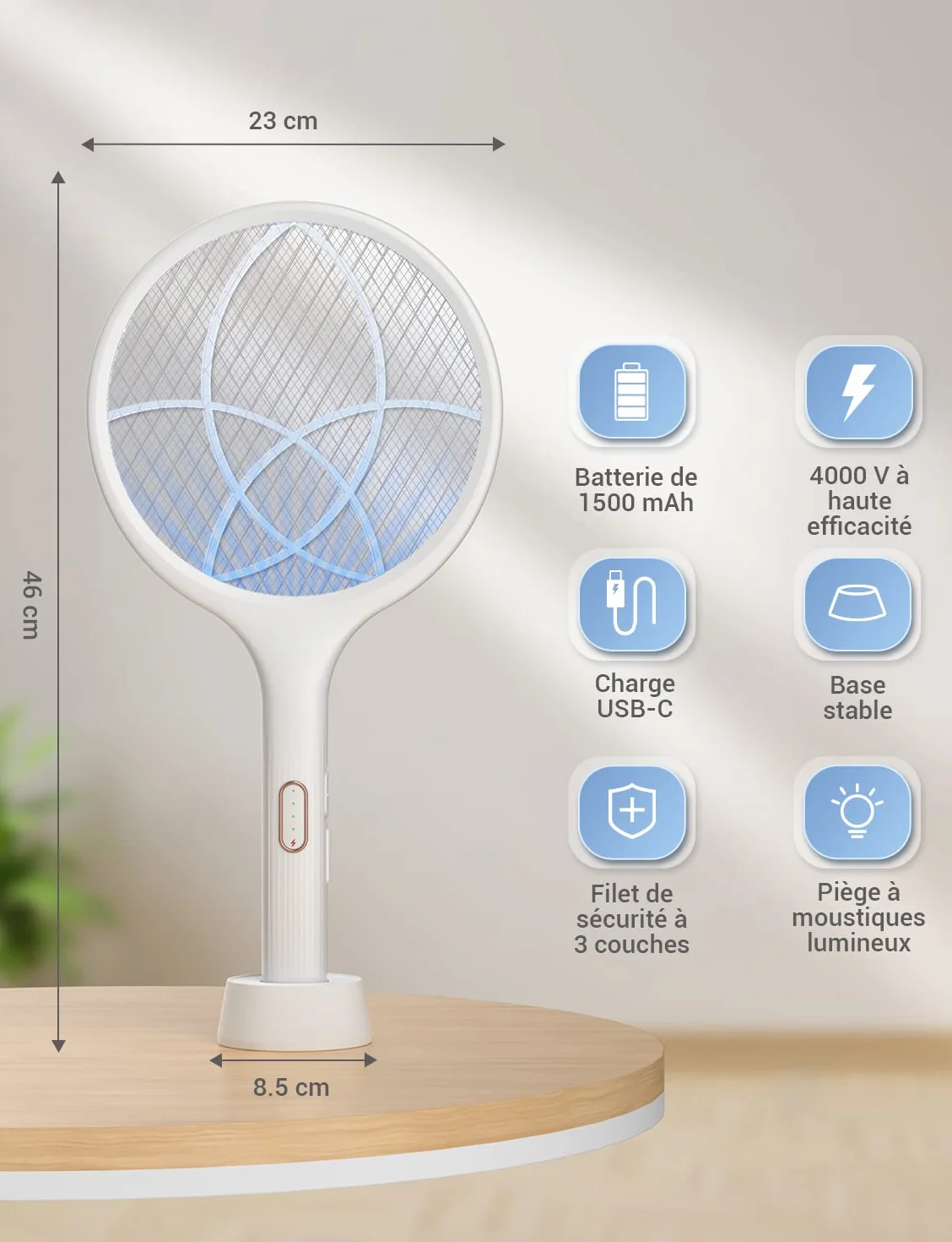YISSVIC Raquette Electrique Insectes 4000 V 1500 mAh Rechargeable avec Base Stable, Blanc