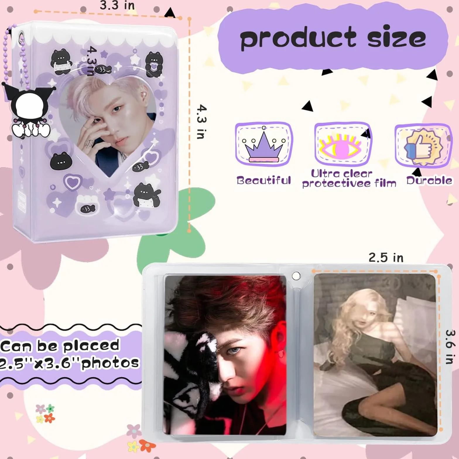 Pouces Photocard Holder Mignon Chat Livre avec Pendentif Classeur Photocard Kpop Mini Album Photos Binder pour Stocker Photos D'idoles Cartes Violet