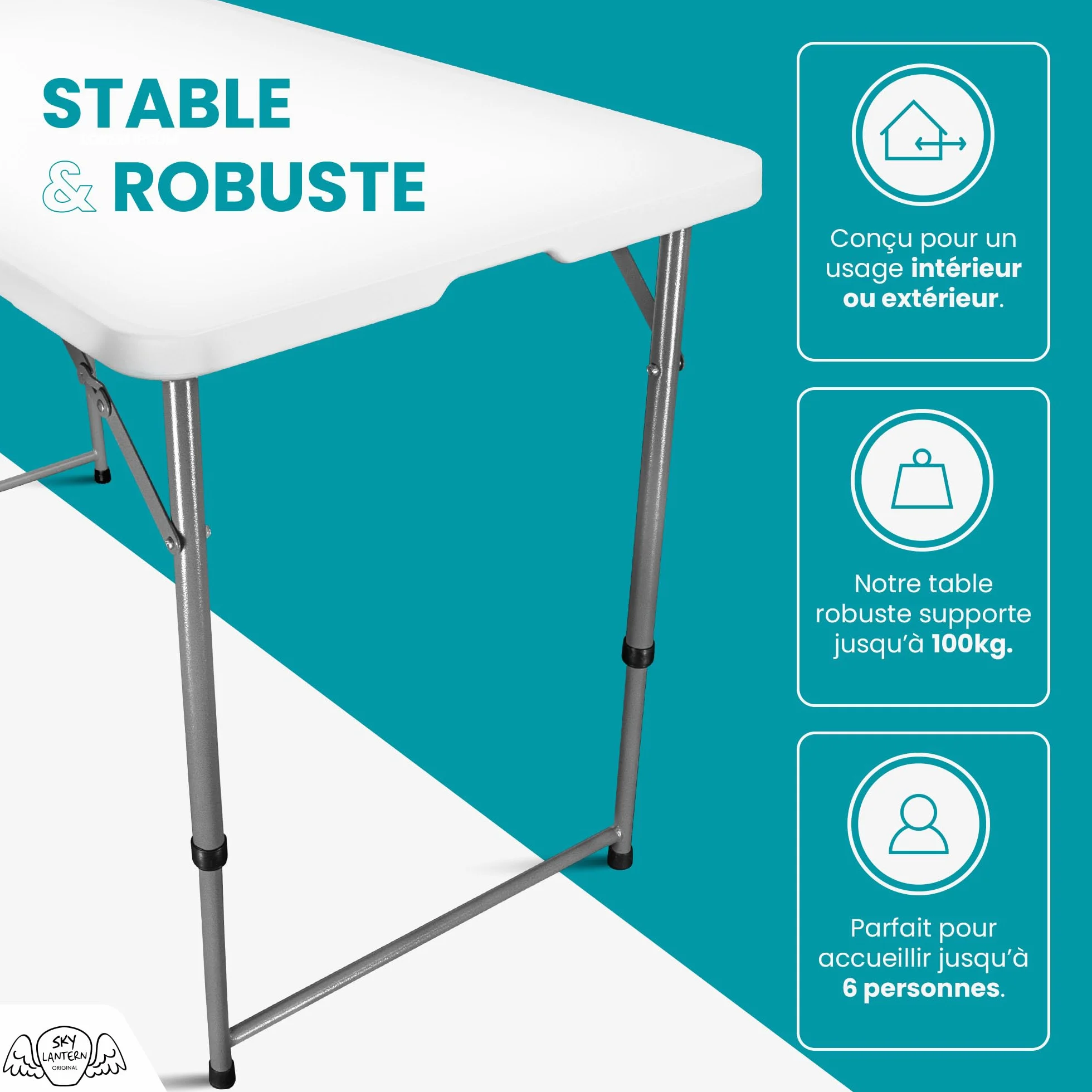 SKYLANTERN® Table Pliante 120 cm Rectangulaire Blanche Hauteur Réglable Table de Camping 6 Personnes HDPE