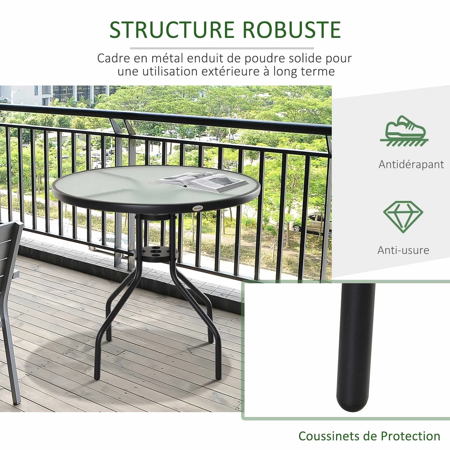 Outsunny Table Ronde Bistro de Jardin Ø 80 x 72H cm Acier époxy Noir Verre trempé Parasol