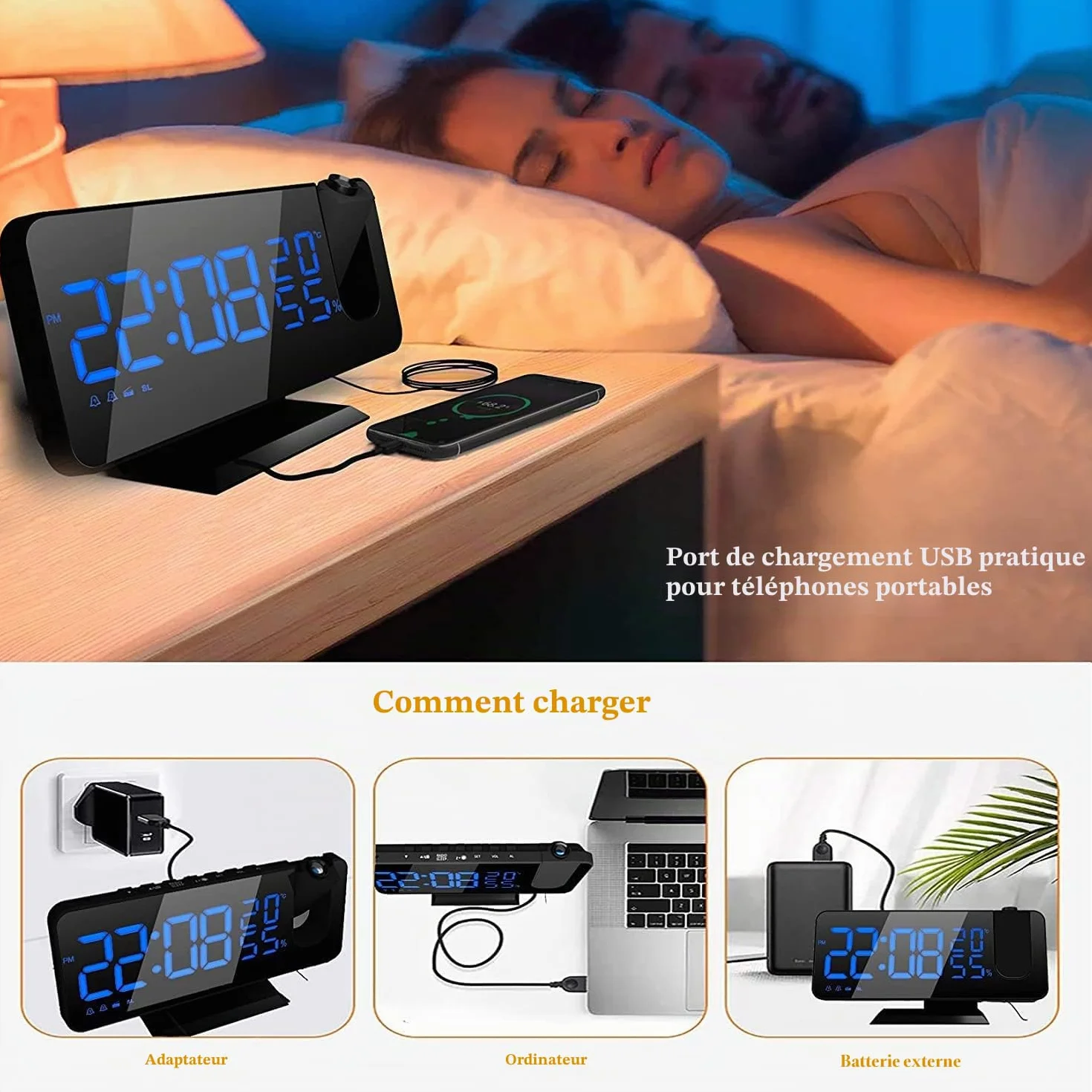 Reveil Projecteur Radio avec Horloge Numérique et Port USB, 3 Niveaux de Luminosité, 15 Volumes, 12/24h