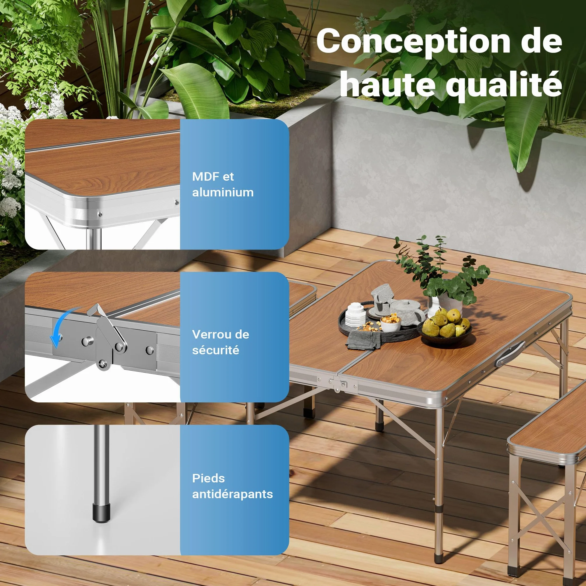 WilTec Table Pliante Valise 900 x 660 x 700 mm Aluminium MDF Camping Pique-Nique BBQ